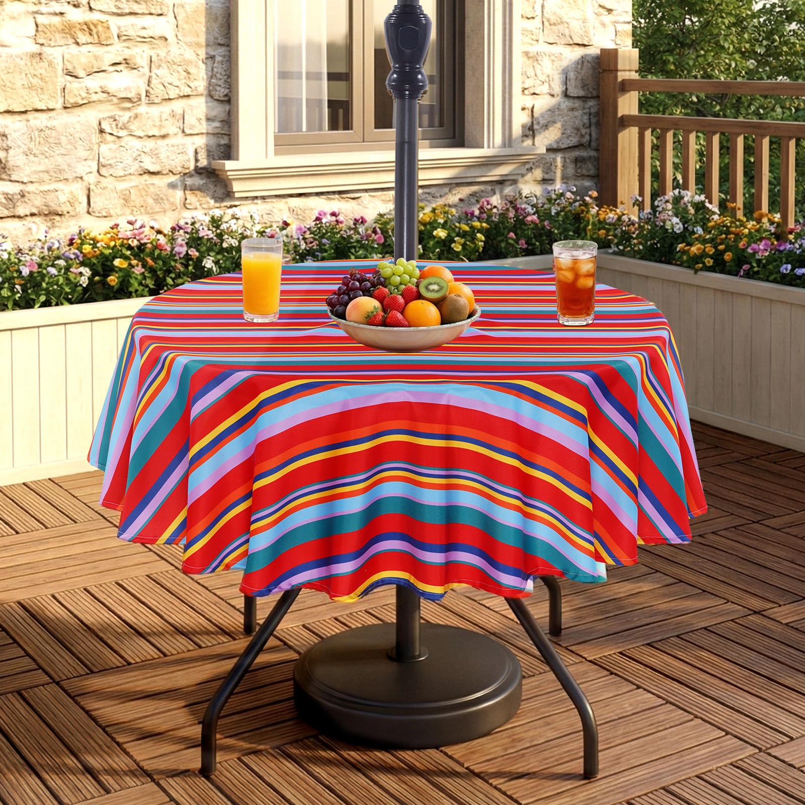 Eternal Beauty 60" Round Tablecloth Waterproof Outdoor Tablecloth with Umbrella Hole Zipper for Spring Summer Patio Picnic Tables, Red Stripe