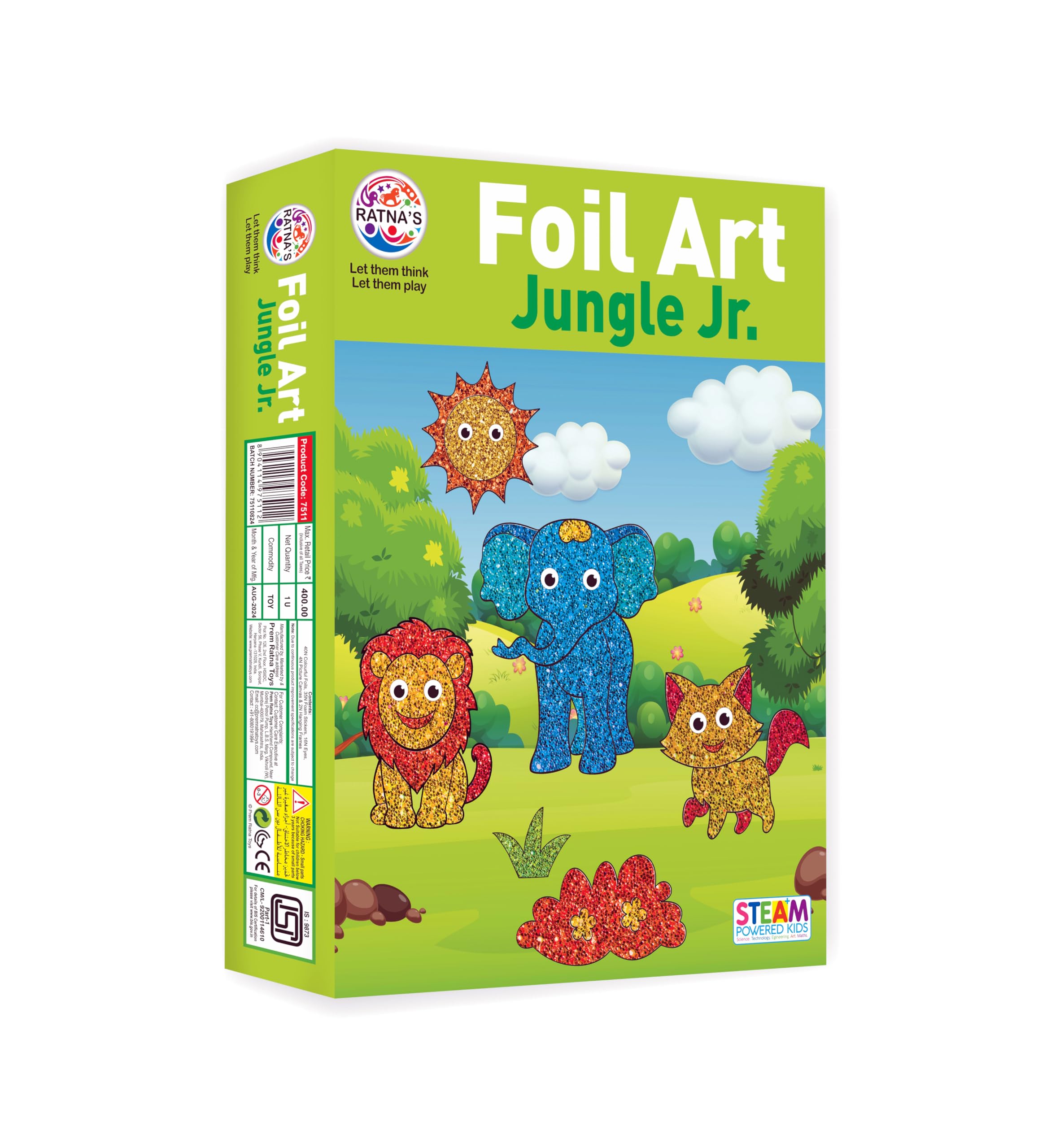 RATNA'S Foil Art Jungle Junior Craft Kit, STEAM Powered Art & Craft Kit, Foil Fun Mess Free Creative Activity DIY Kit for Kids