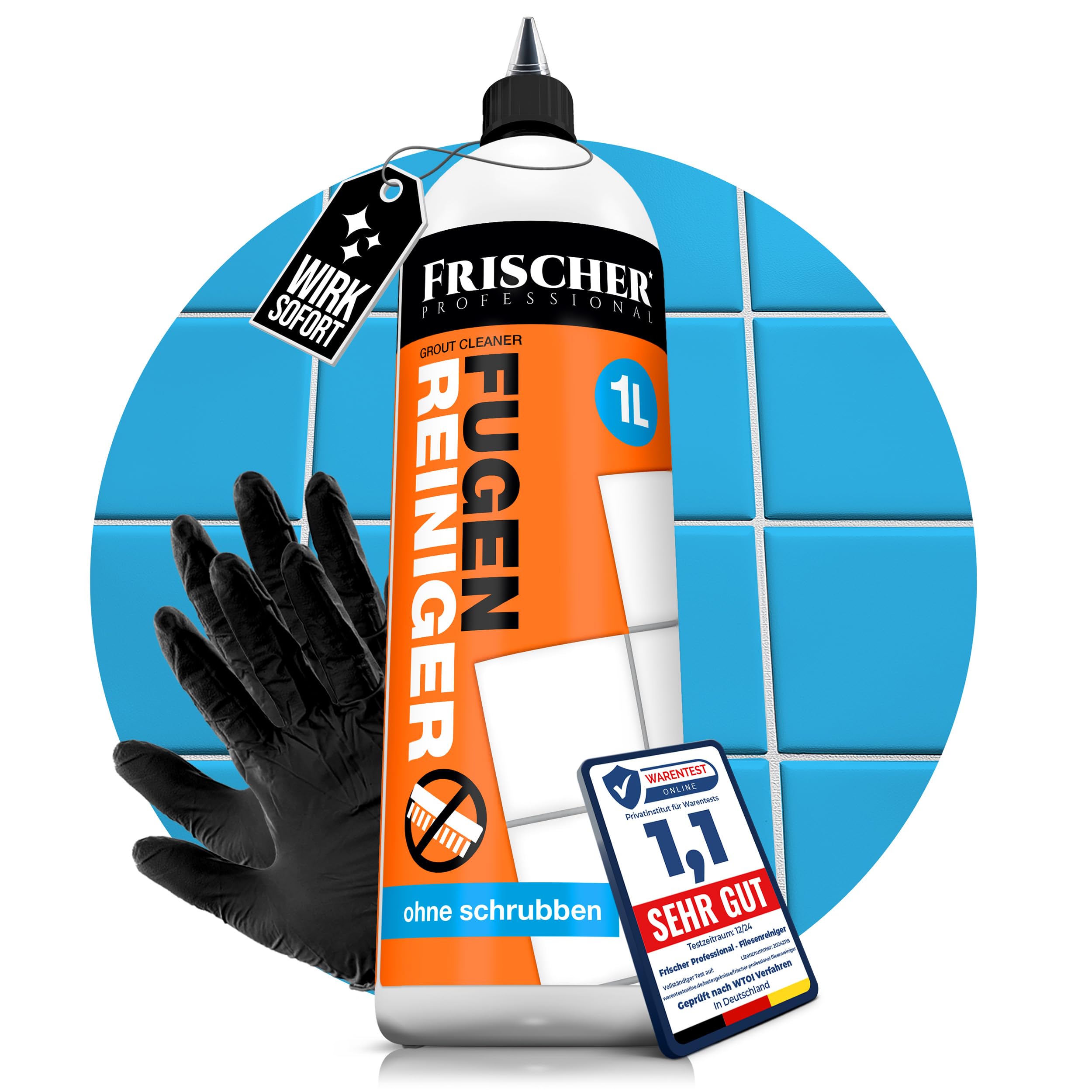 FRISCHER PROFESSIONAL 1000ml Fliesenreiniger & Fugenreiniger Konzentrat EXTRA STARK - Reiniger zum Entfernen von hartnäckigen Verschmutzungen, Kalk, Schmutz im Bad oder Flur