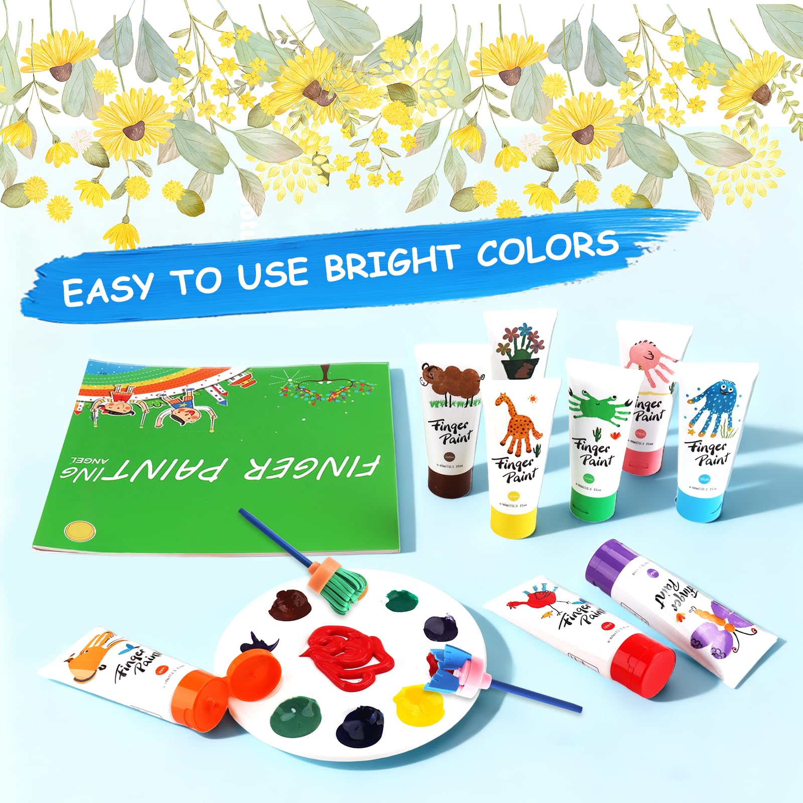 Pintura de Dedos para Niños Lavable,51 Pcs Juego de Pintura para Dedos No Tóxicas,12 Colores (60ml),con Pinceles,Esponja,Paleta y Bata,Niños Pintura Temprana Artes DIY Artesanías
