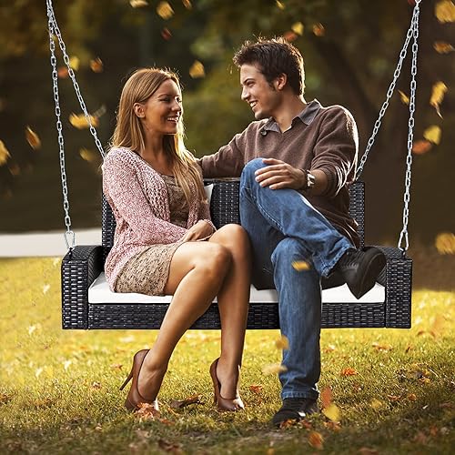 Miniatura 2 de Happygrill Banco de columpio para porche al aire libre para 2 personas con cojines suaves, cadena de acero reforzado de 7.9 pies, marco de acero