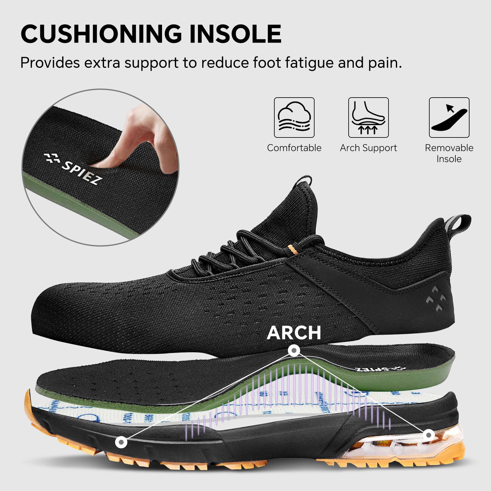 SPIEZ Scarpe di Sicurezza per Uomini e Donne - Punta composita Non in Acciaio con Cuscino d'Aria, Design Leggero da Scarpe da Ginnastica, comode da Indossare a Mani libere, Nero Arancione EU 36-46