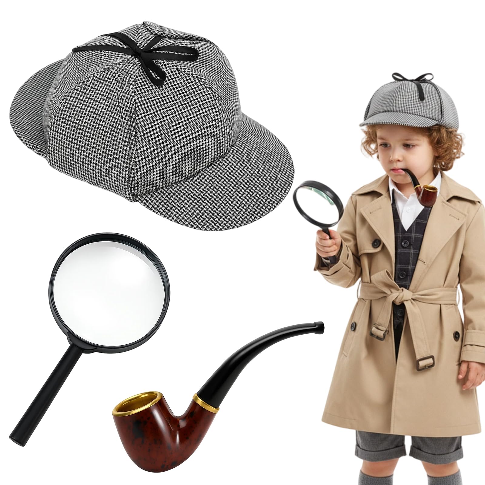 JORcadis 3 Pcs Detective Costume with Deerstalker Hat Fake Pipe and Magnifying Glass, Victorian Detective Accessories Kit
