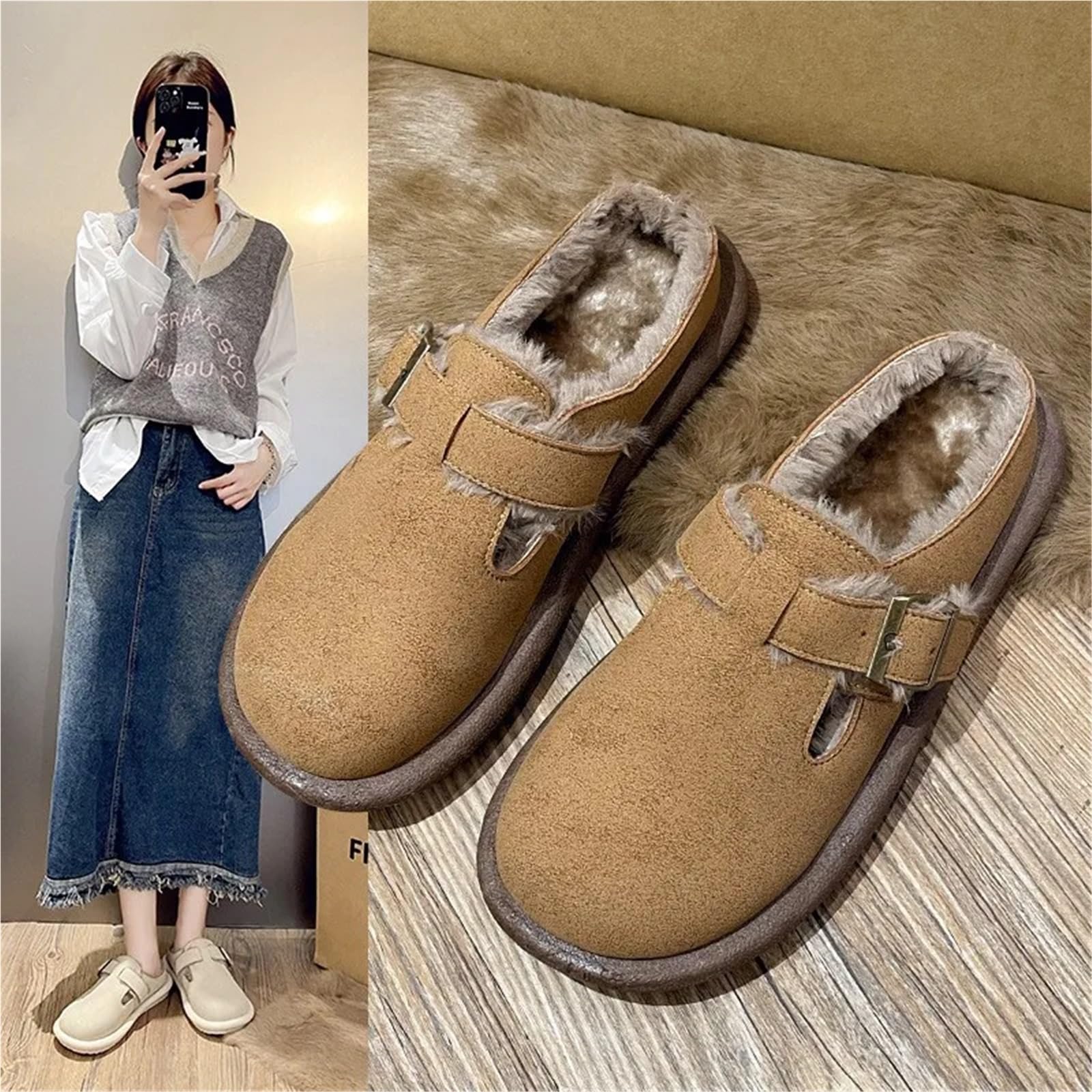 Zuecos Zapatillas for Mujer Plantilla De Goma Invierno Felpa con Soporte for El Arco Zapatos Peludos for Hogar Acogedores