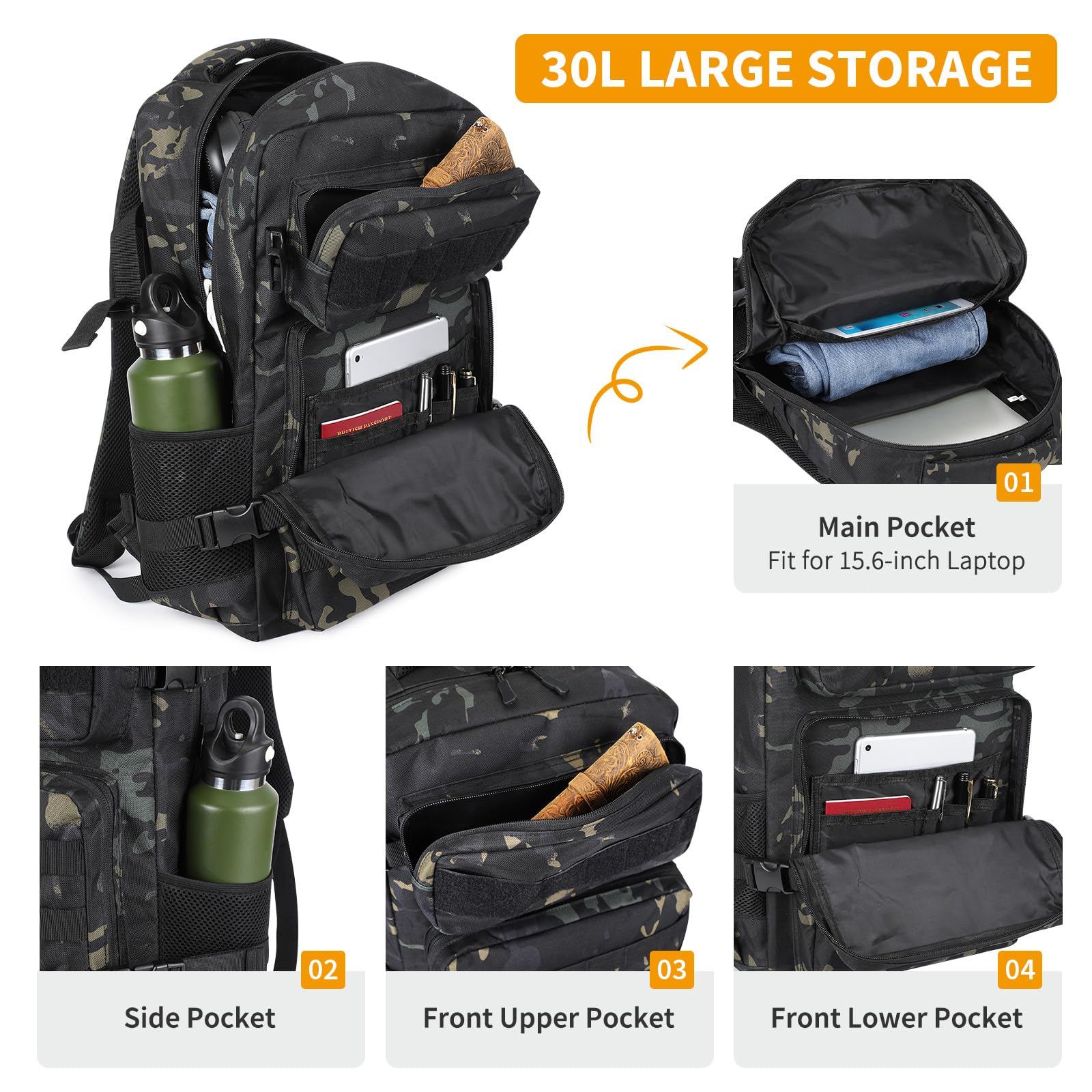 HUNTVP Militär Rucksack Herren 30L Taktischer Rucksack Molle Wanderrucksack Tactical Backpack Sportrucksack Bundeswehr Wasserdicht Daypack für Wandern Camping Outdoor,30L-Camouflage