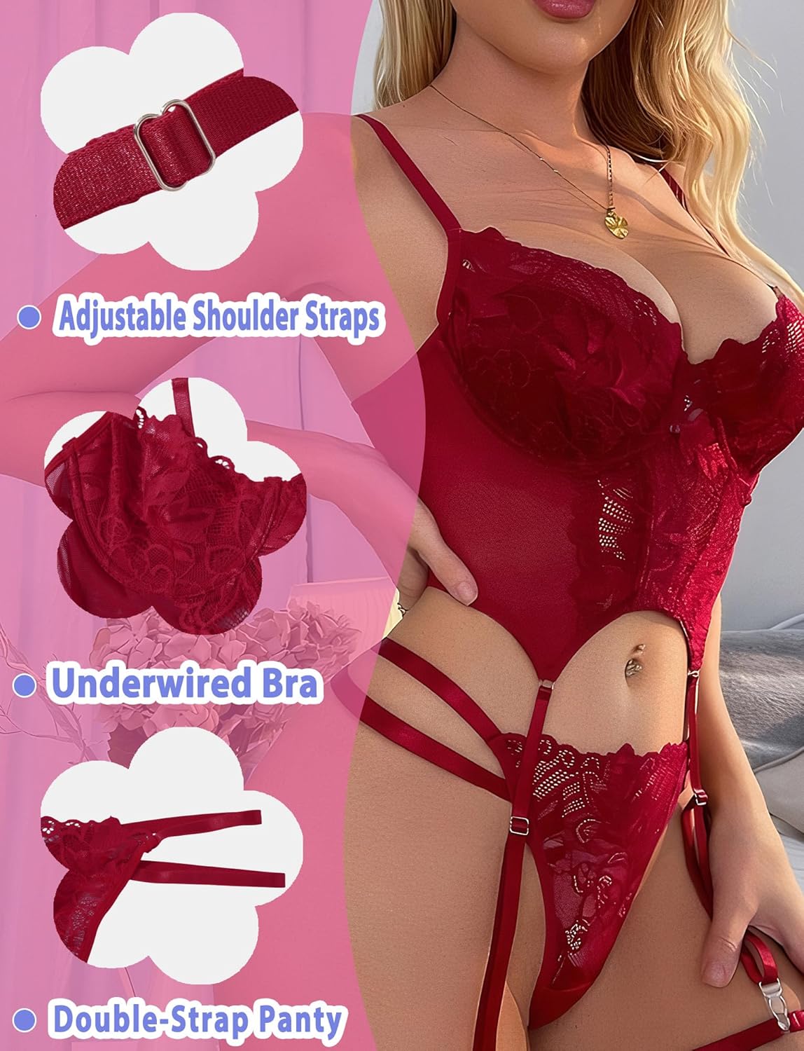 Women's Sexy Lingerie Set Bodysuit Lace Thong Teddy Babydoll with Garter Belts XS-L - Image 4