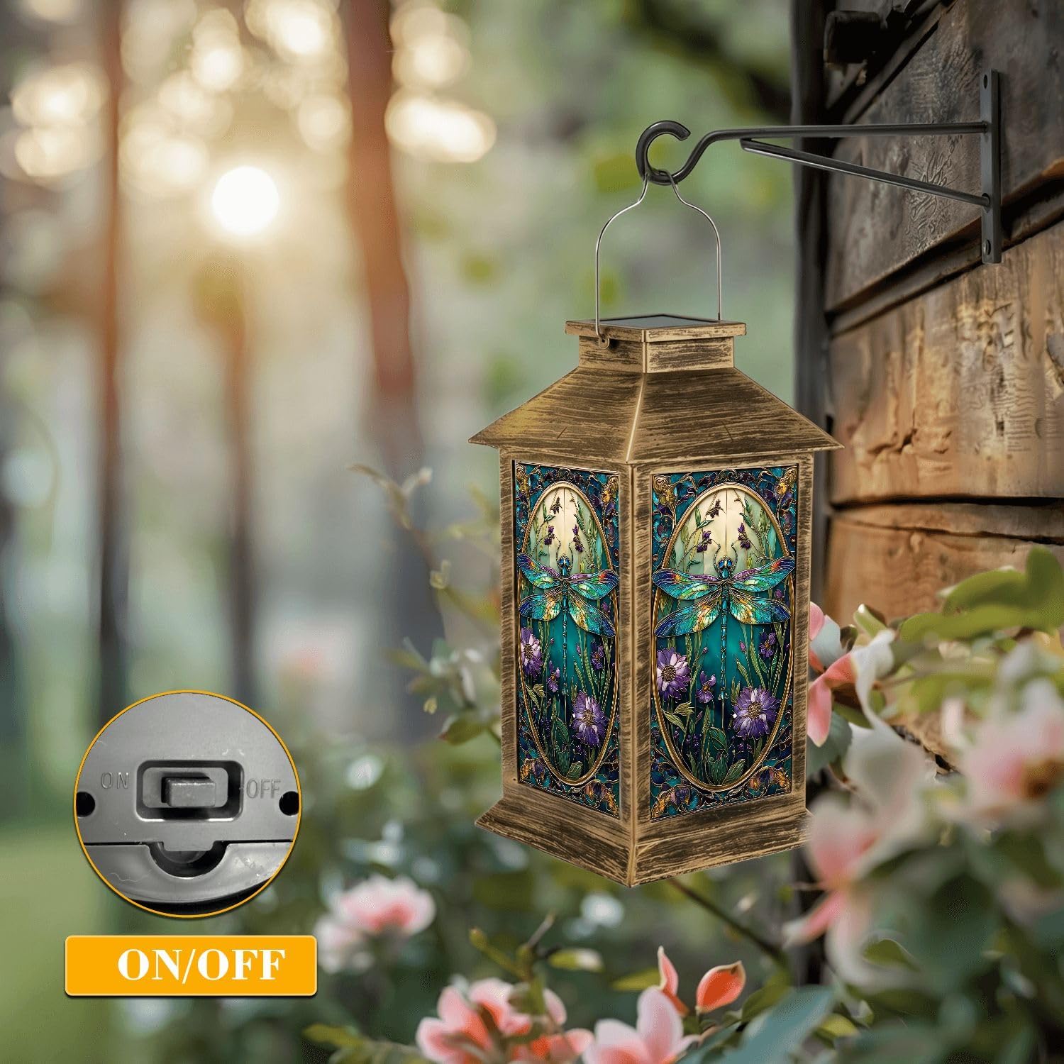 Solar Lantern Outdoor Waterproof Stained Glass Dragonfly Vibrant Flowers Intricate Details Garden Decor LED Solar Lights Hanging/Tabletop Lamp Gifts for Women Mom for Outside Yard Patio