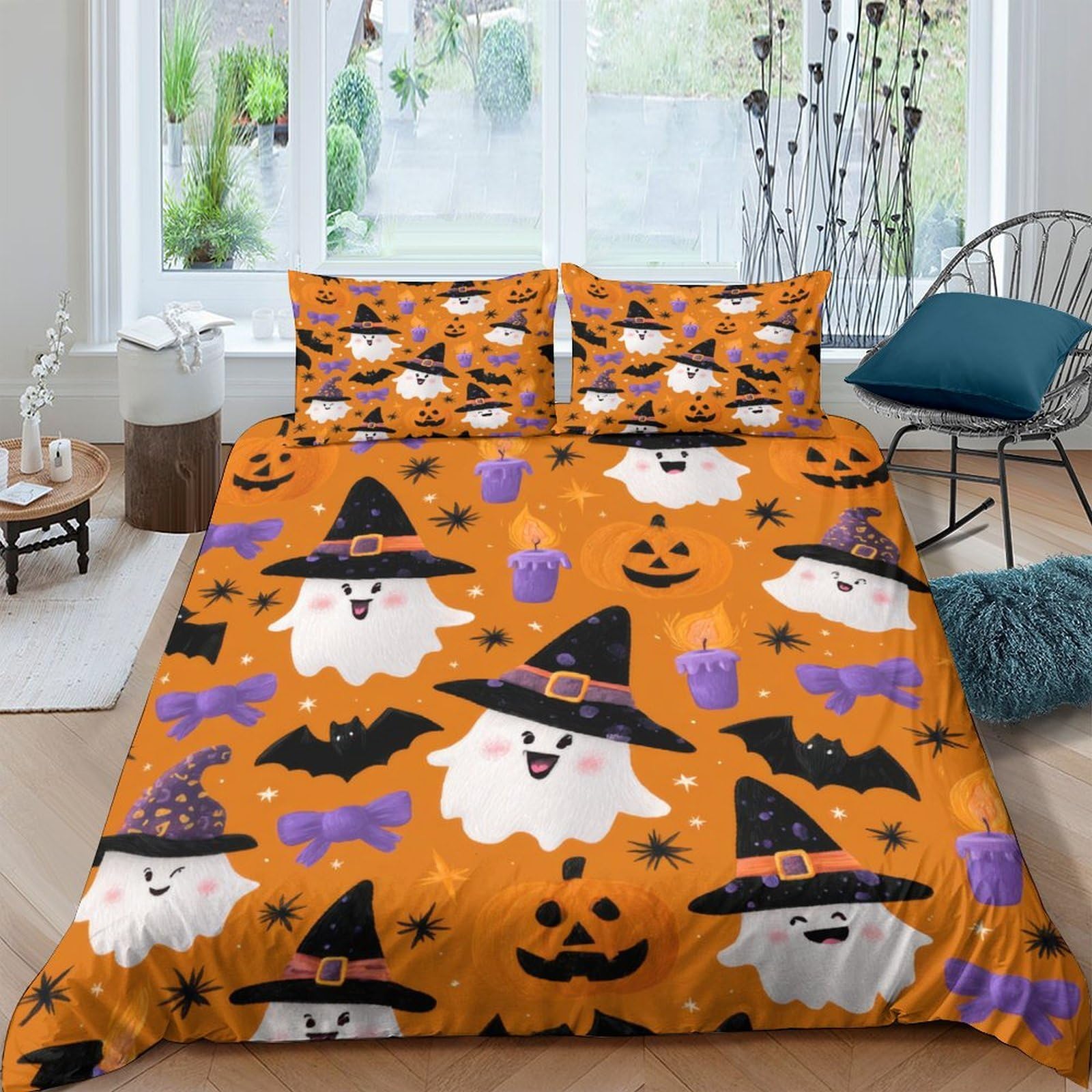 Ctjqhvkz Style-9 3D Printed Halloween Ghost Fitted Sheet Microfiber Orange Pumpkin Bat Mattress Cover For Bedroom Dorm Room Decor Single（135X200cm）