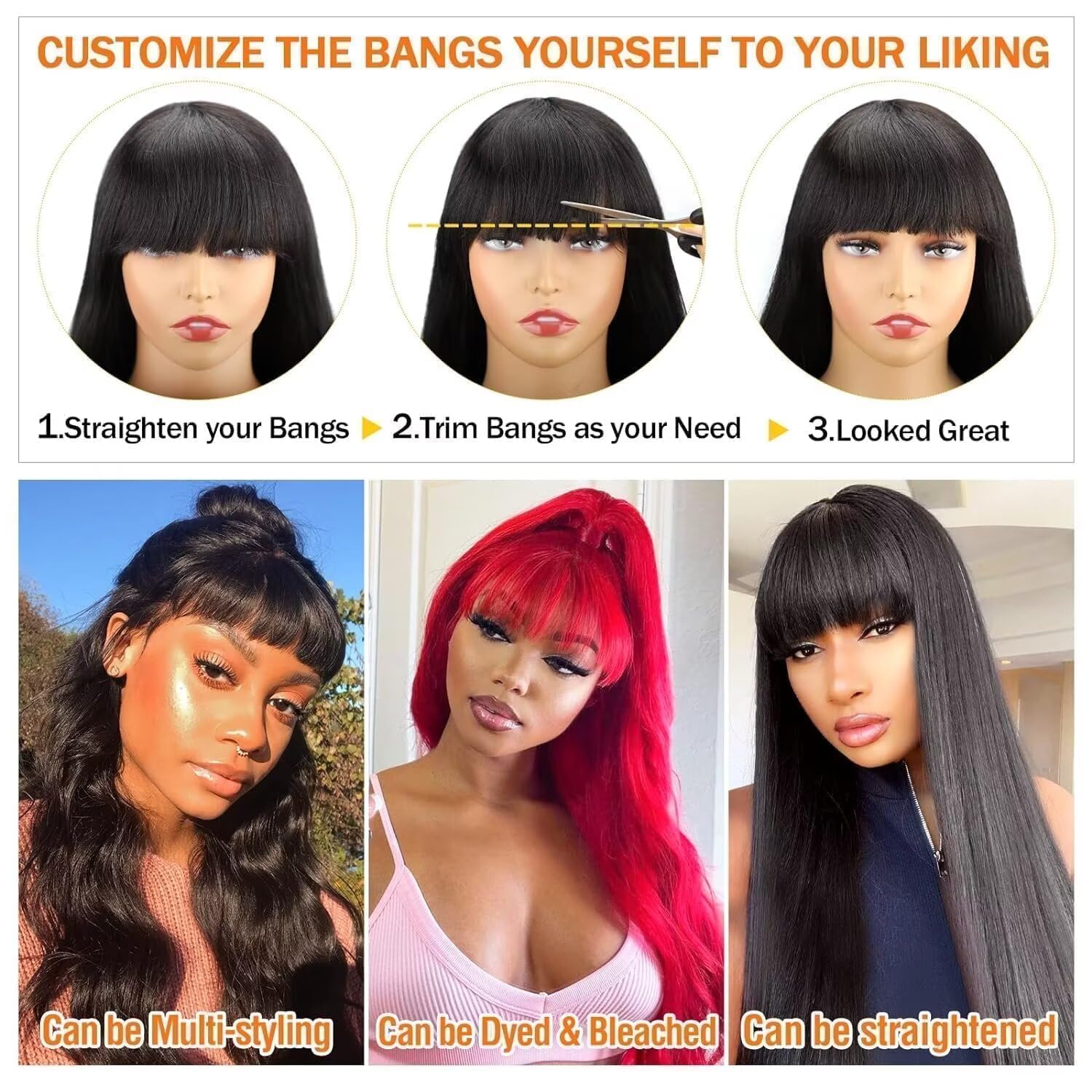 Wavy Human Hair Wig with Bang Body Wave Glueless Wig Human Hair for Women, Parrucca per donna - Parrucche capelli ondulati naturali 14 Inch Natural Black Color