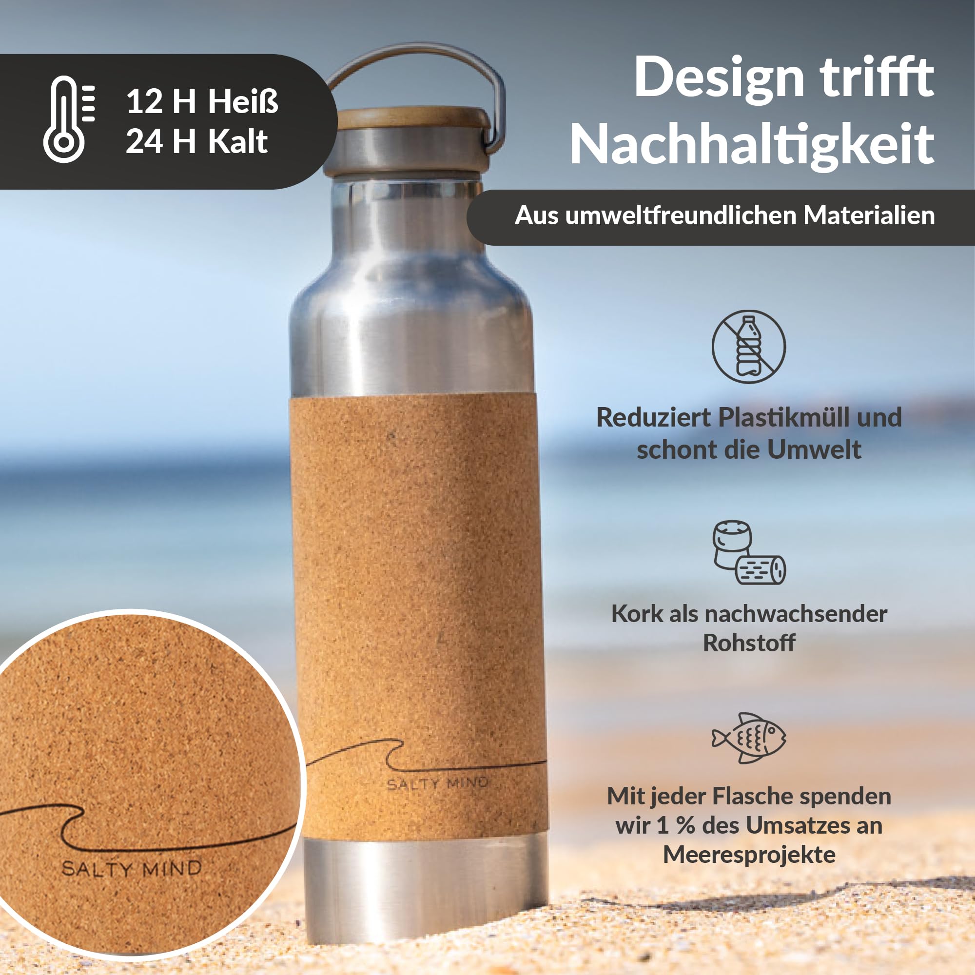 nachhaltige, isolierte Edelstahl Trinkflasche 750ml - Thermo Wasserflasche, auslaufsicher, schadstofffrei, geschmacksneutral | BPA frei, Kork,Tragegriff Yoga Büro - Welle Lasergravur