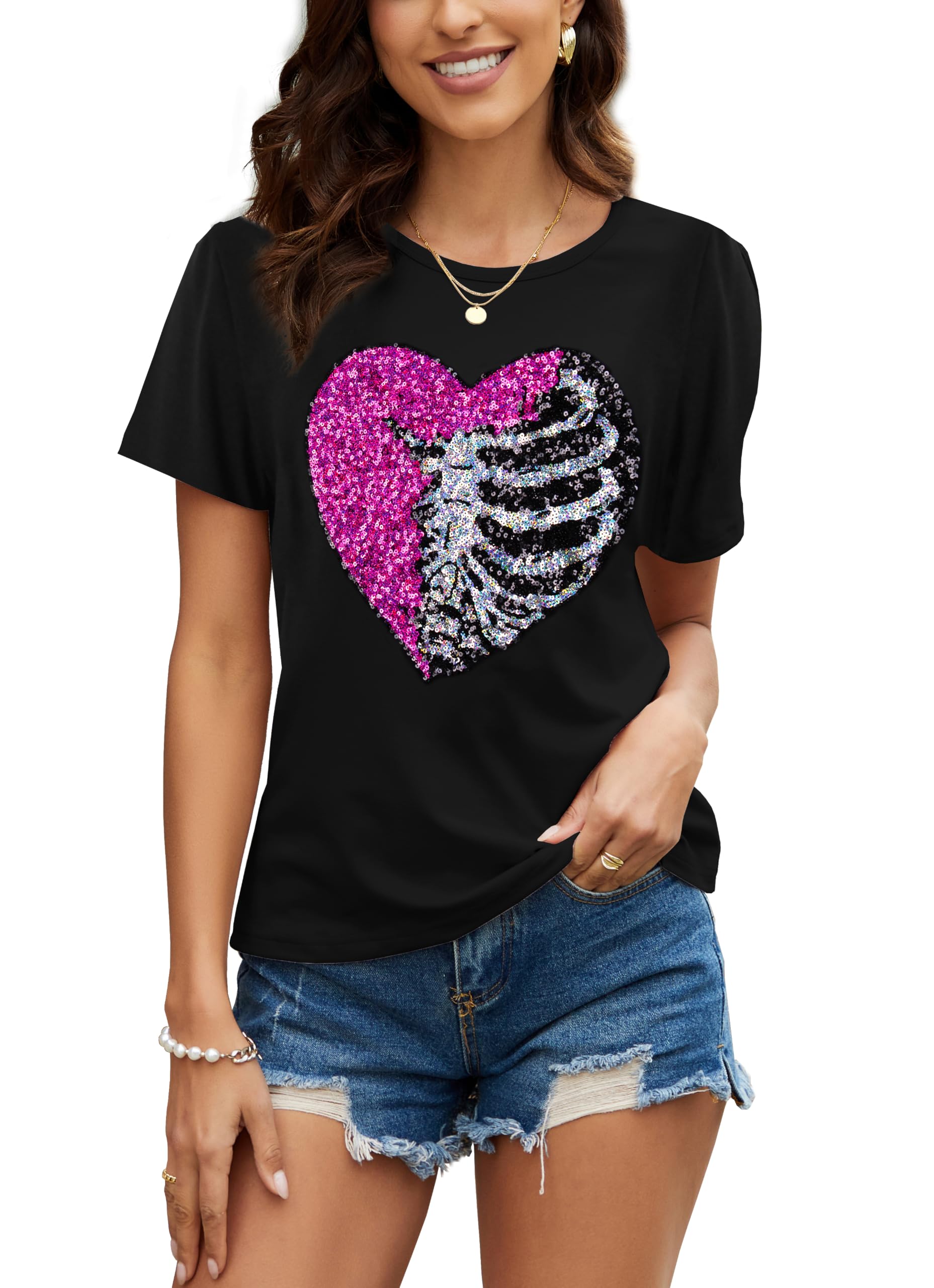 PESION Womens Short Sleeve T-Shirt Sequined Tops O-Neck Funny Graphic Tees Blouse