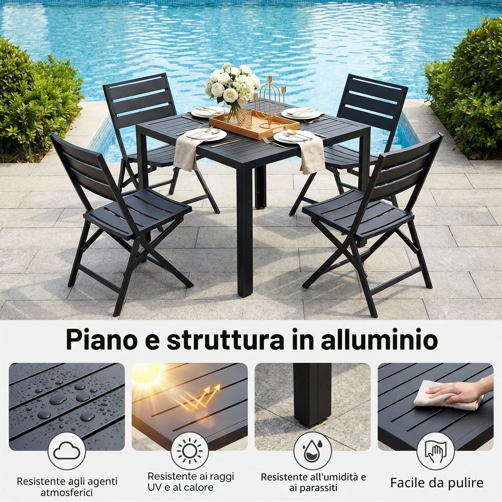 LIFERUN Tavolo da Giardino in Alluminio, 75x75 cm Quadrato da Esterno | Resistente Alle Intemperie, Facile da montare, per Balcone Terrazze, Nero, Ampio Pannello 4,6 cm