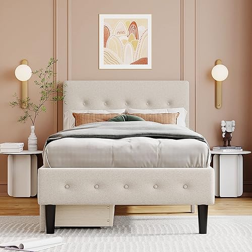 Miniatura 3 de Cama individual con cajones de almacenamiento, cama de plataforma tapizada con cabecera capitonada con botones y soporte de listones de madera para