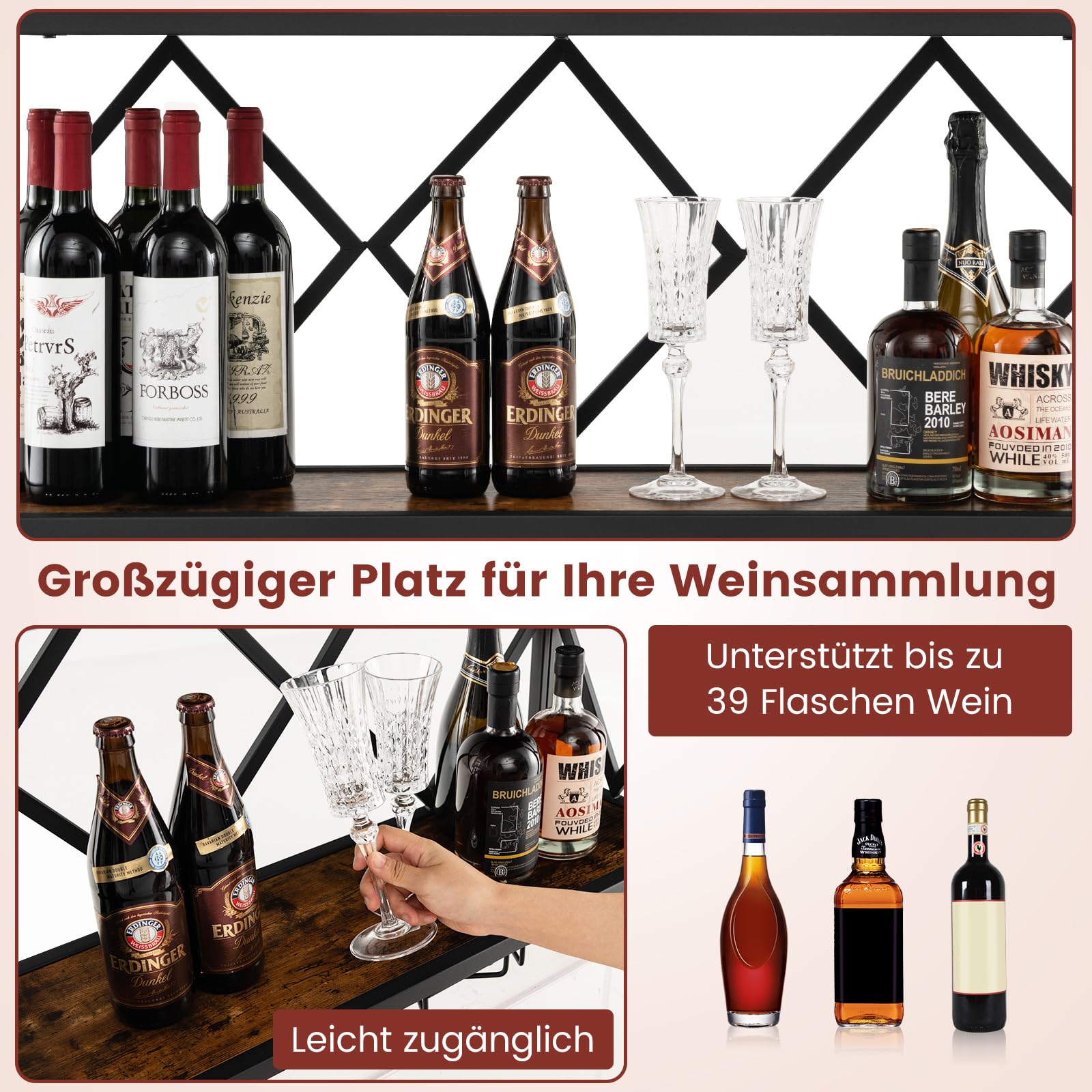COSTWAY Weinregal Wand, 2 Ebenen Flaschenregal Holz mit Metallrahmen, mit 6 Reihen Weingläserhalter, Industrial Design, ideal für Zuhause, Bar, Küche und Restaurant