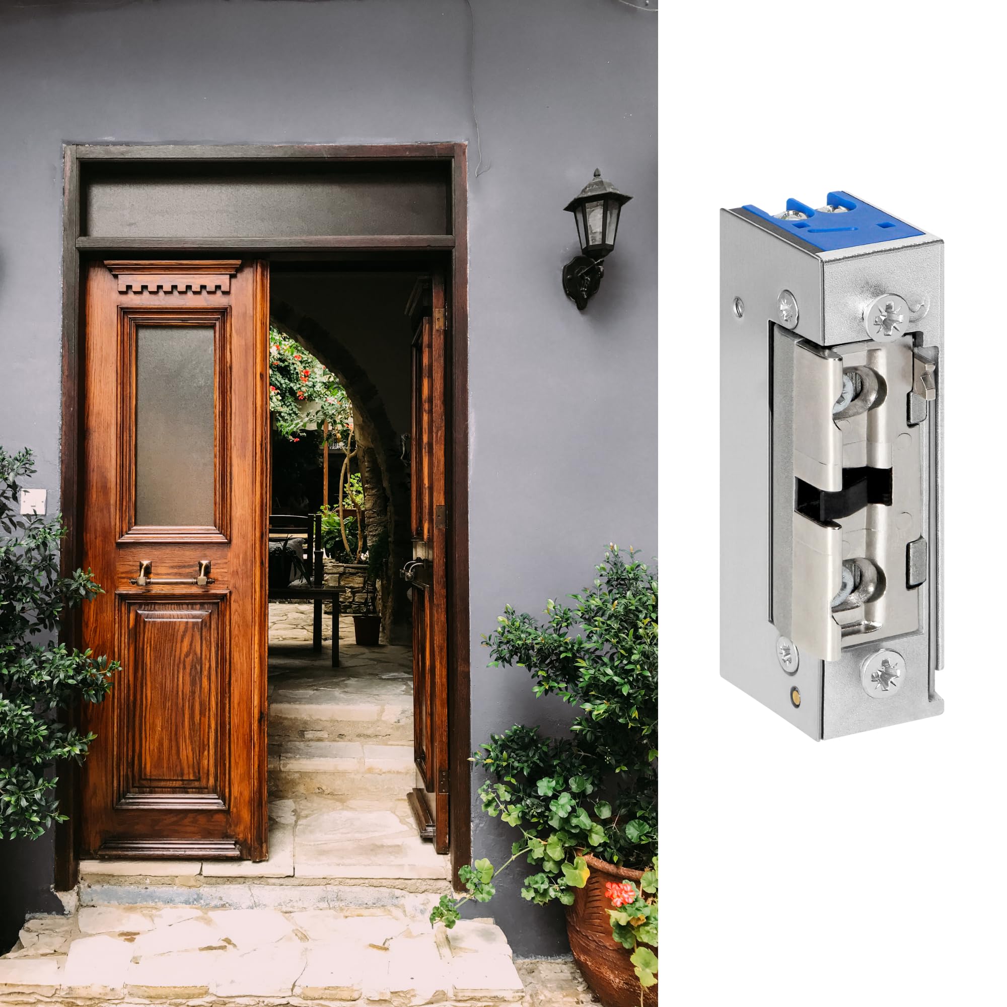Gache Electrique Portillon Symétrique 10-24V AC/DC Serrure Portillon Exterieur Basse Consommation Réglable Droite/Gauche pour Interphone et Visiophone (Mémoire & Verrouillage)