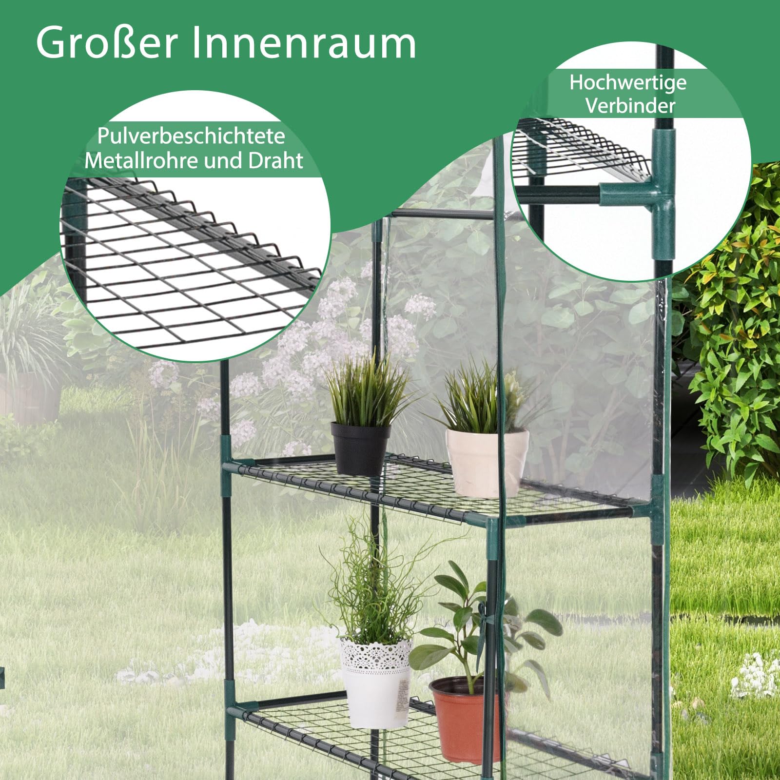 COSTWAY Gewächshaus Foliengewächshaus, Treibhaus mit 2 Pflanzenständern & aufrollbaren Tür, Tomatenhaus Tomaten, Pflanzenhaus mit PE Gitterfolie, 143x73x195cm, Weiß und transparent