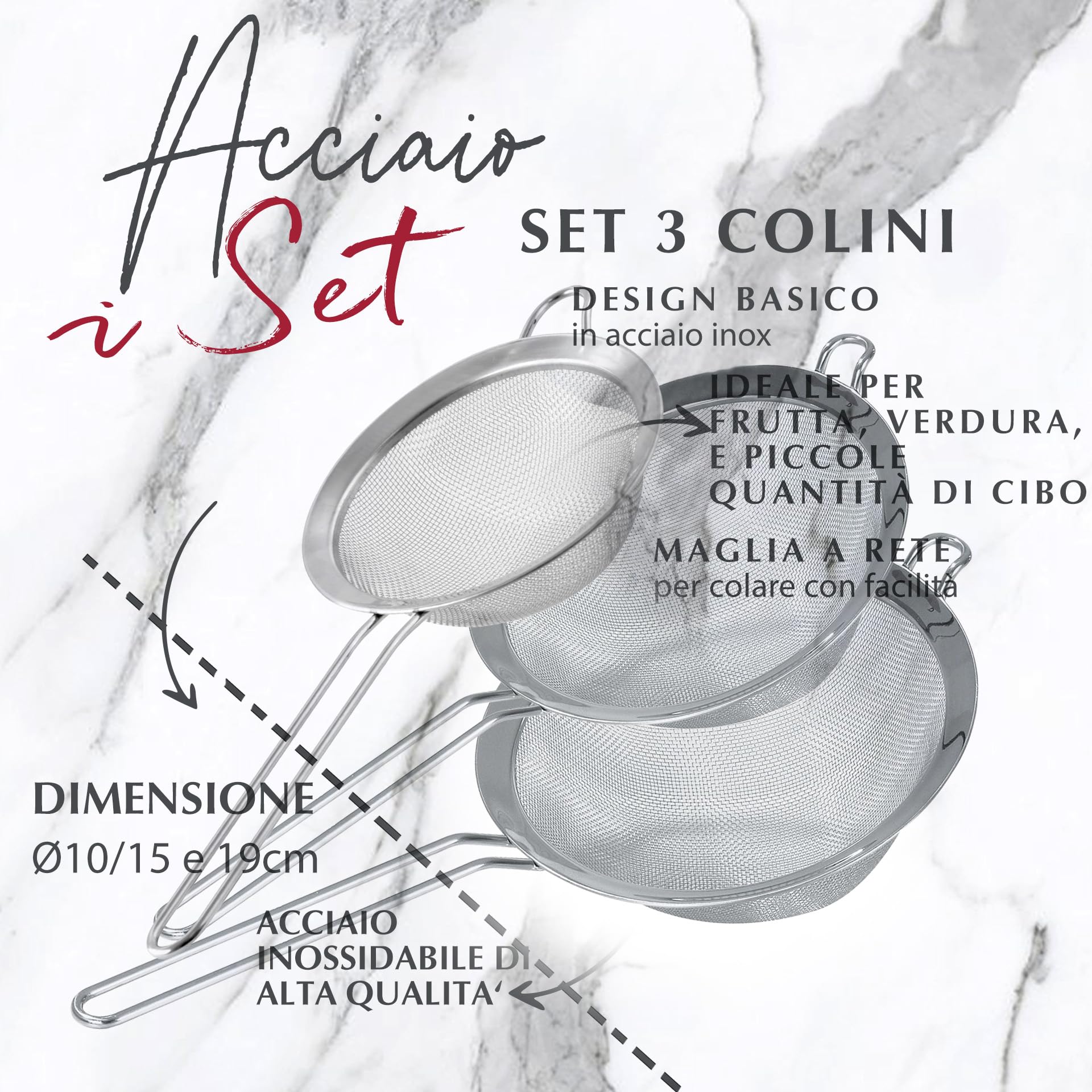 Fackelmann Set 3 Colini in acciaio inox, Colino da cucina a rete fine per farina, zucchero a velo, riso, tè, setaccio per pasta, mini scolapasta per frutta e verdura, 10, 15, 19 cm