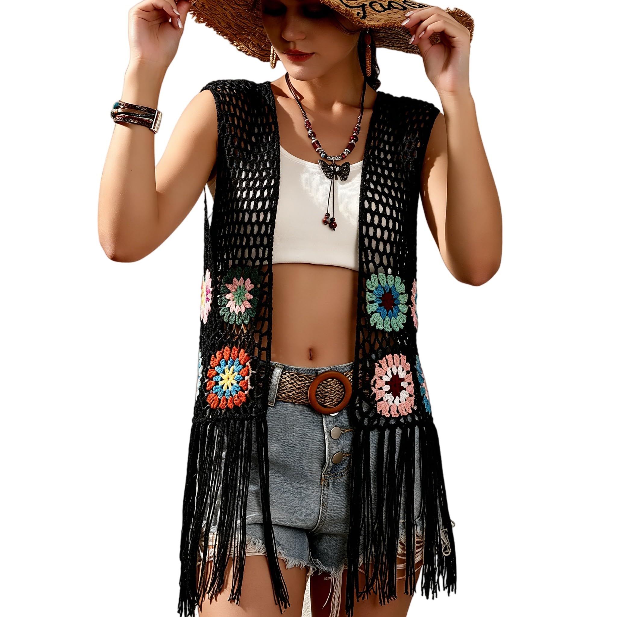 Cárdigan floral de ganchillo sin mangas con flecos, estilo bohemio, retro, hecho a mano, con borlas