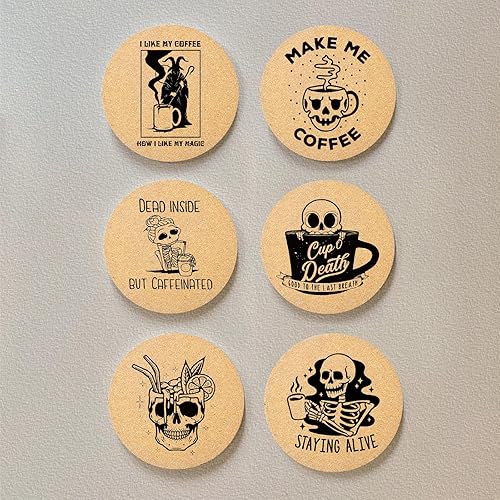 Miniatura 3 de Juego de 6 posavasos de café para bebidas con soporte, posavasos de madera de corcho absorbente para escritorio, mesa de oficina, decoración de
