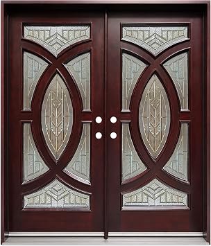 Exterior Wood Door with Decorative Glass Pre-Hung Pre-Finished Entry Double Door M705- Lefthand Swing 61 1/4" X 97" X 5 1/4"