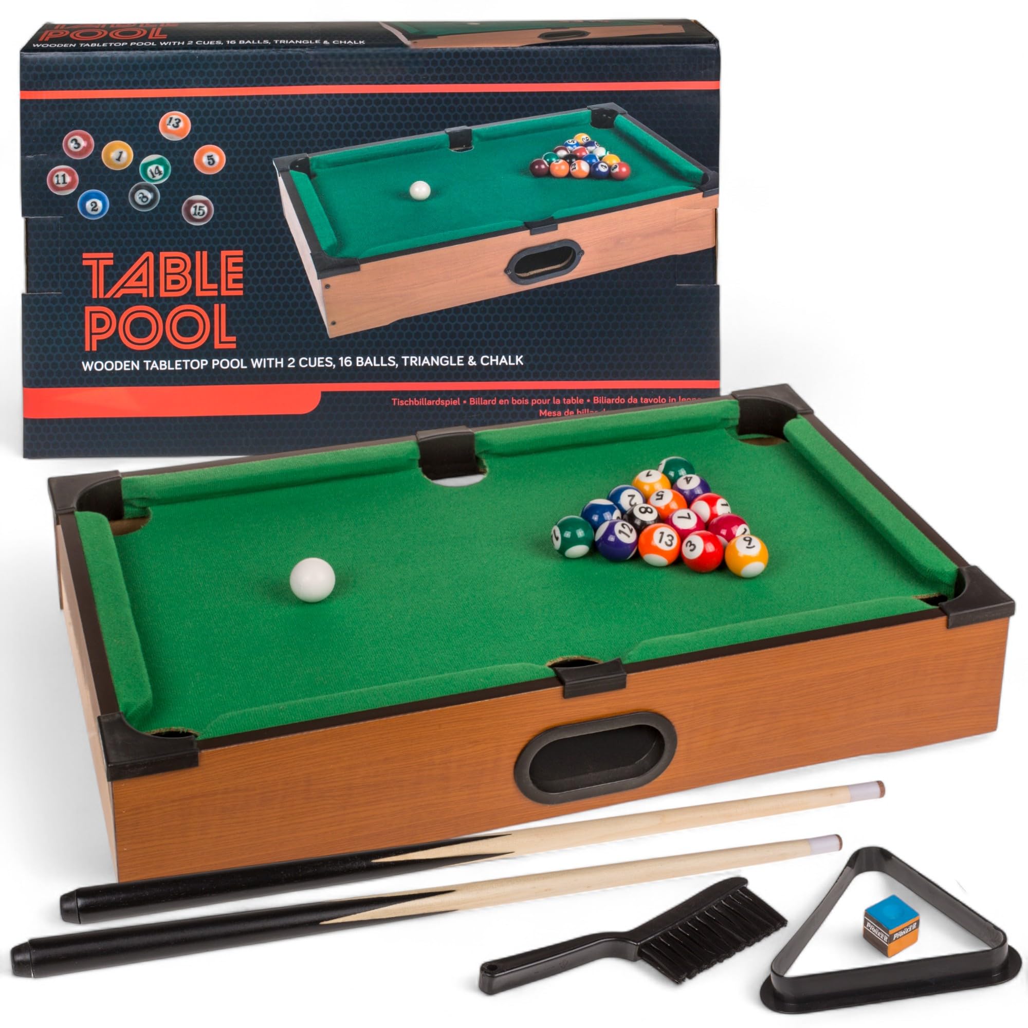 MIJOMA Tischbillard aus Holz – Mini Billardtisch 51x31 cm mit 2 Queues, 16 Kugeln, Triangel & Kreide – Kompaktes Tisch-Billardspiel für Kinder & Erwachsene