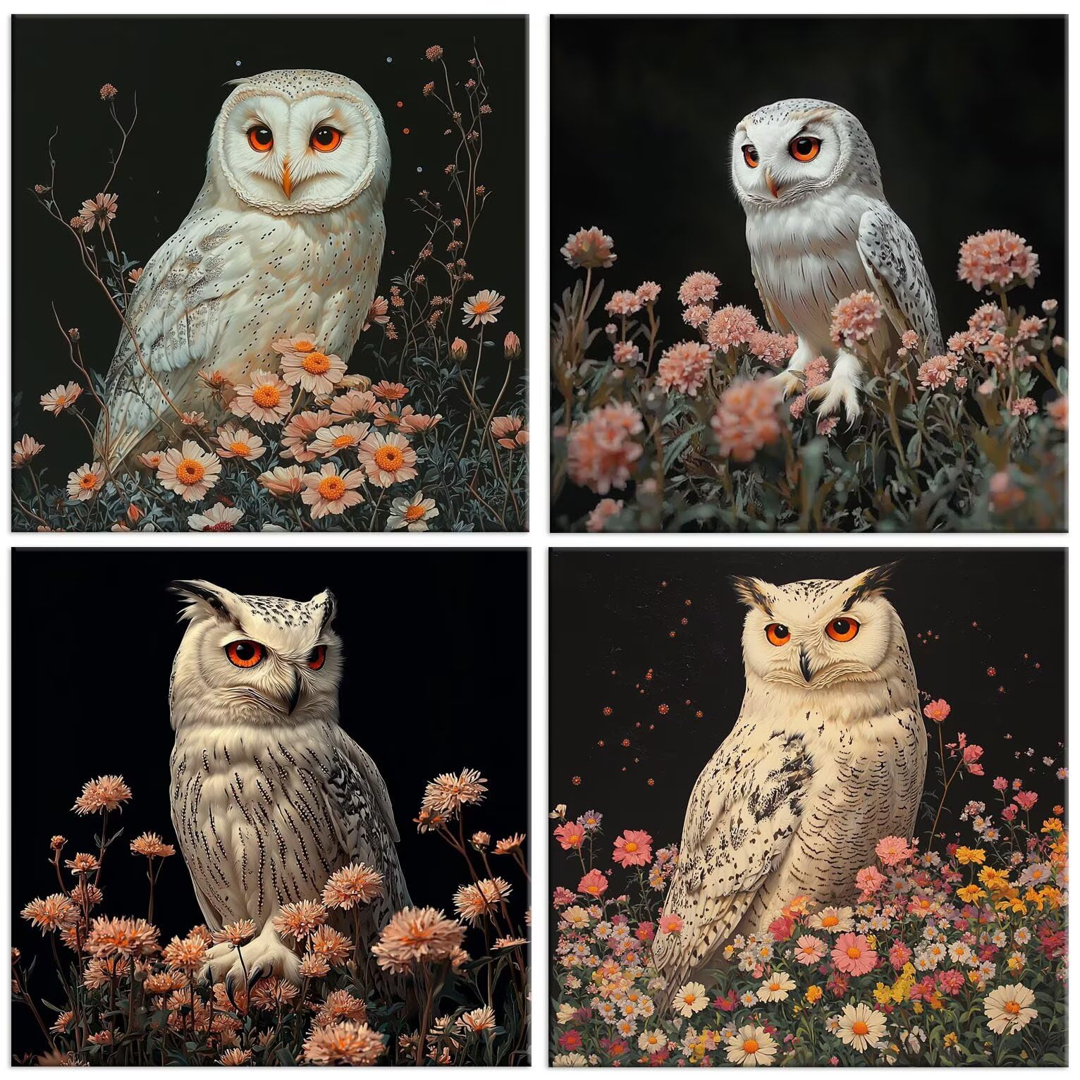 5D Diamond Painting Eule Blumen, Diamant Malerei Erwachsene 50x50cm w-529 | 4 Pack Diamond Painings Erwachsene, 5D DIY Diamant Malerei Mosaikherstellung für Relaxation and as a Wall Deko Geschenk