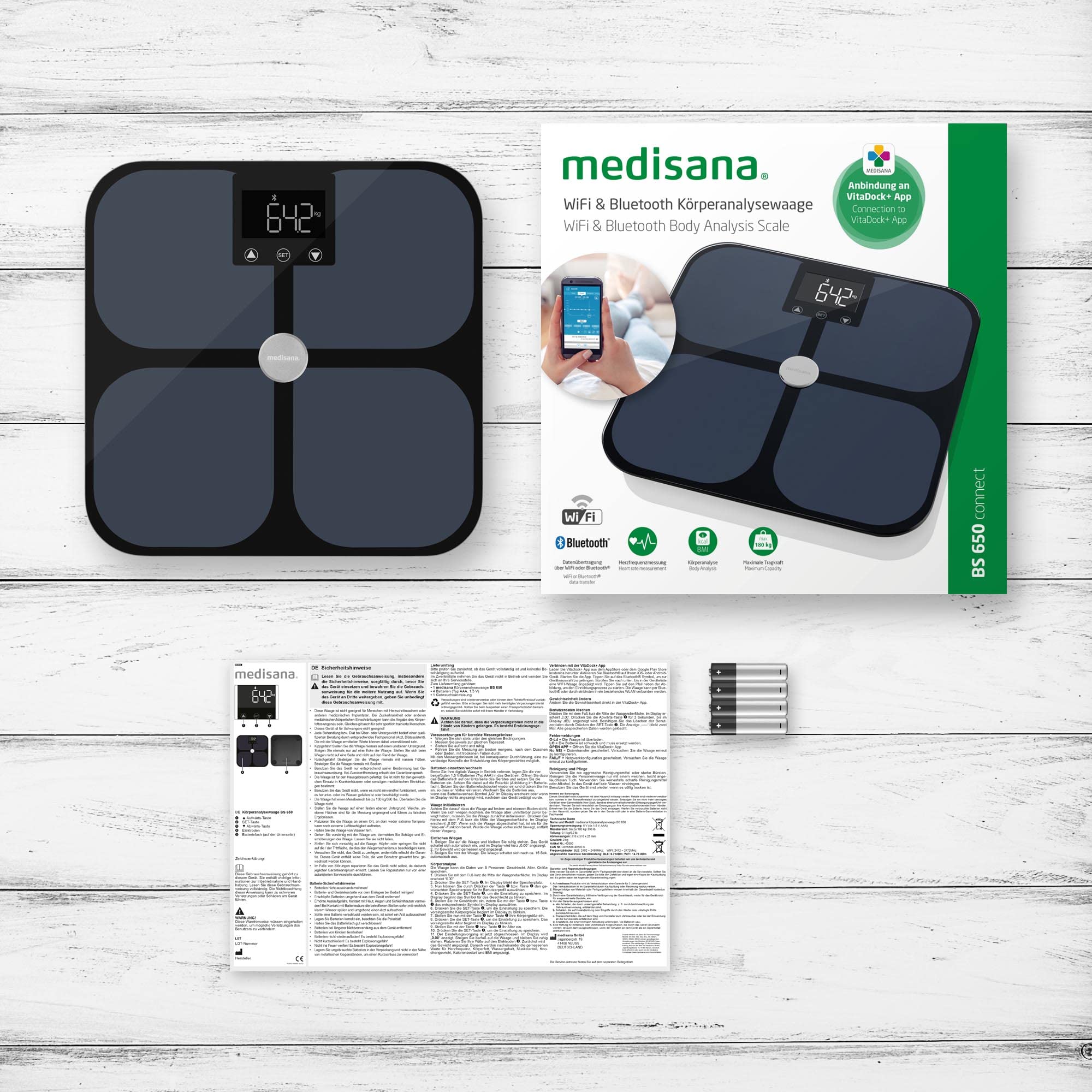 medisana BS 650 báscula de análisis corporal con W-LAN o Bluetooth, báscula personal para medir grasa y agua corporal, masa muscular y peso óseo con app de análisis corporal VitaDock+