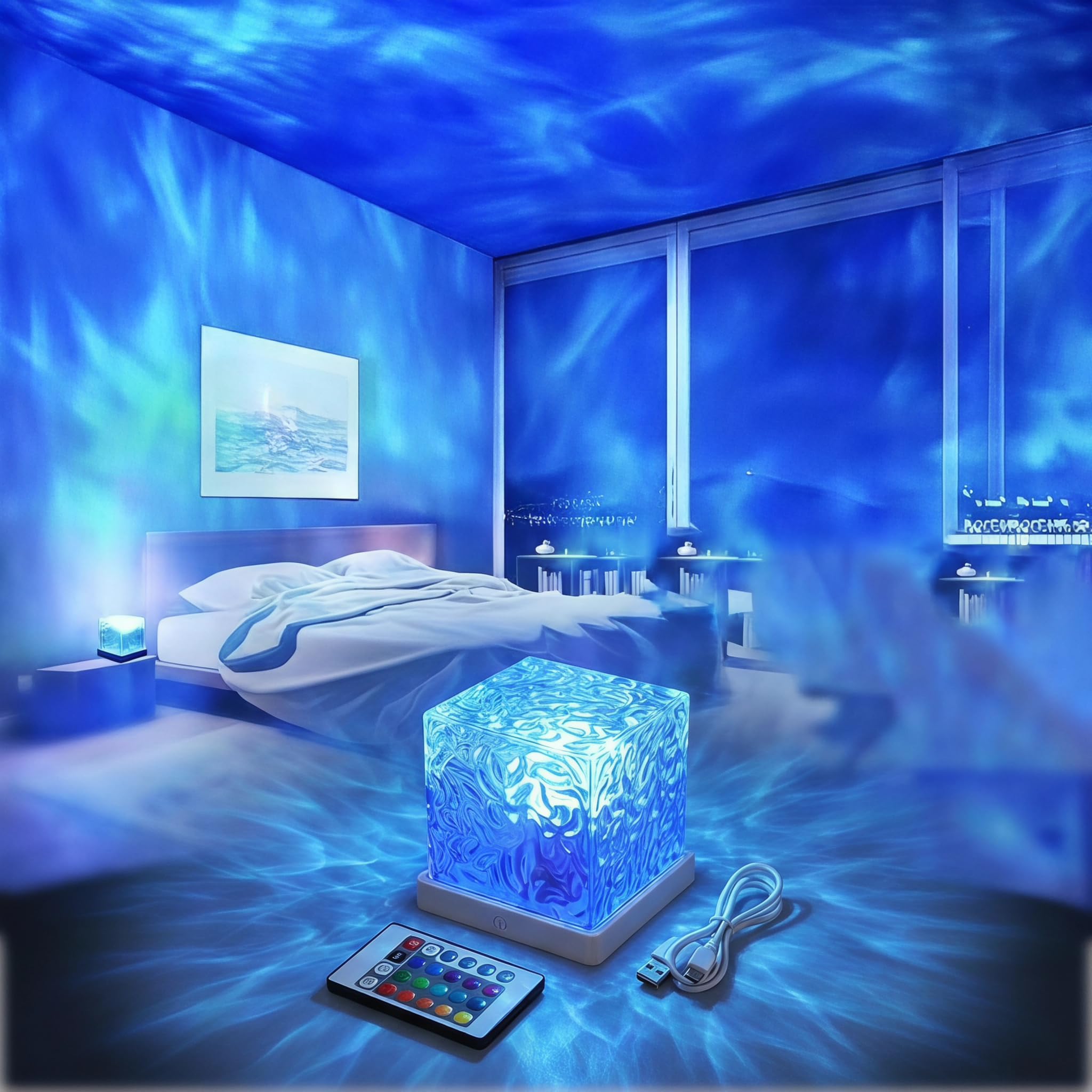 Ocean Wave Projector Light, 16-Color LED Shower Lamp with Remote, 3D Holographic Water Ripple Romantic Ambient Lighting for Child's Room Bedroom, Bathroom & Night Light