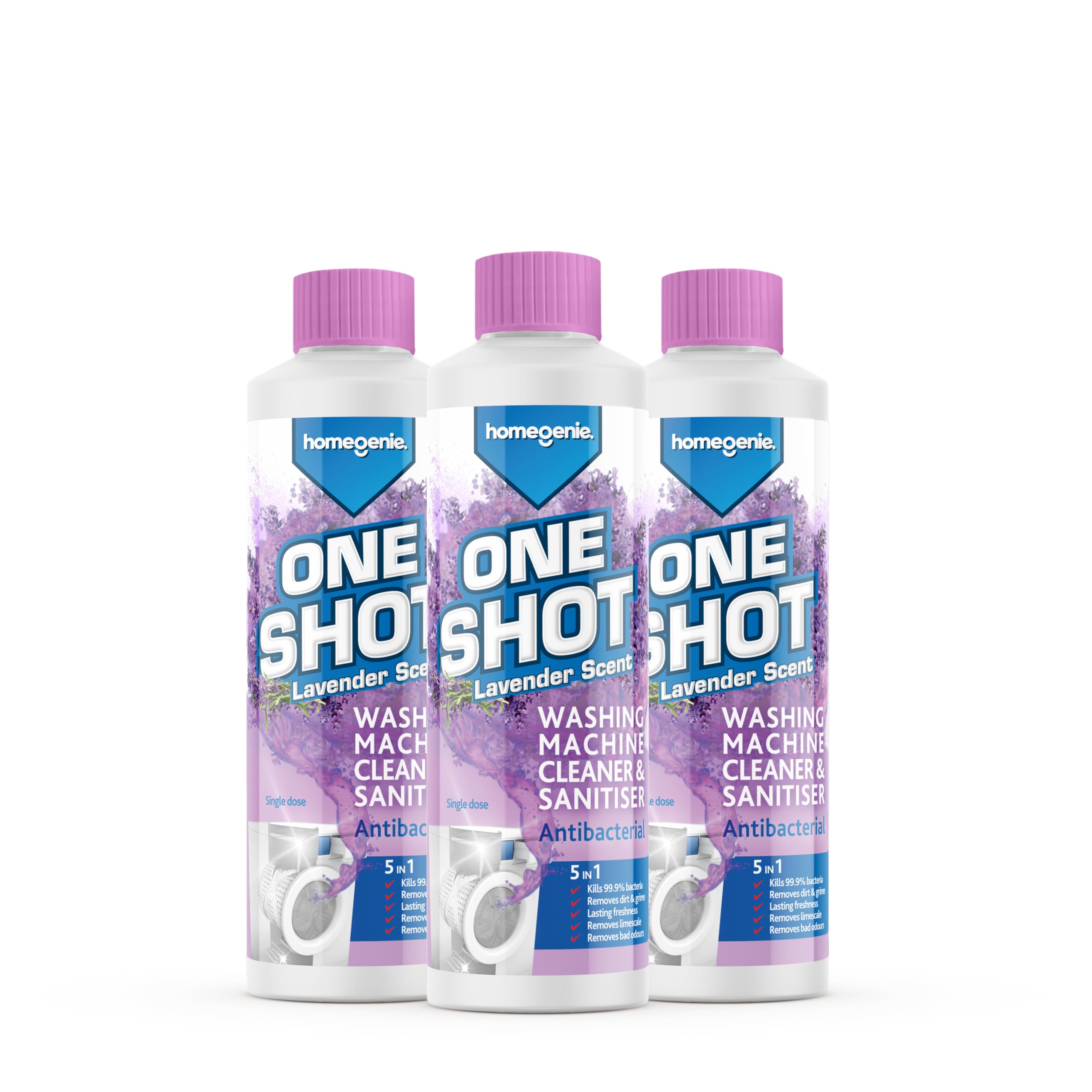 HomeGenie - Washing Machine Cleaner | Anti-bacterial Removes Limescale, Odours and Dirt | Lavender Scent (3x 250ml)