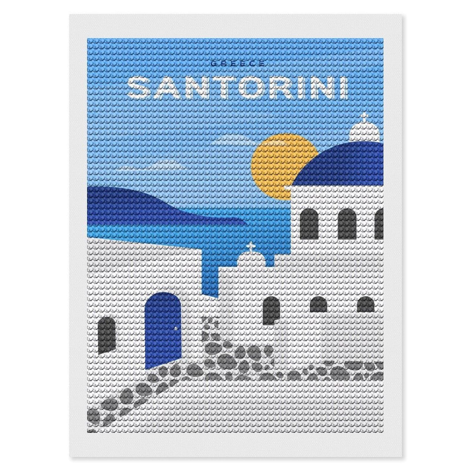 Junmoney Minimalist Santorini Round Drill Diamond Painting 12"x16", for Adults, Creative Leisure Activity, Office Decor, Holiday Gift Idea