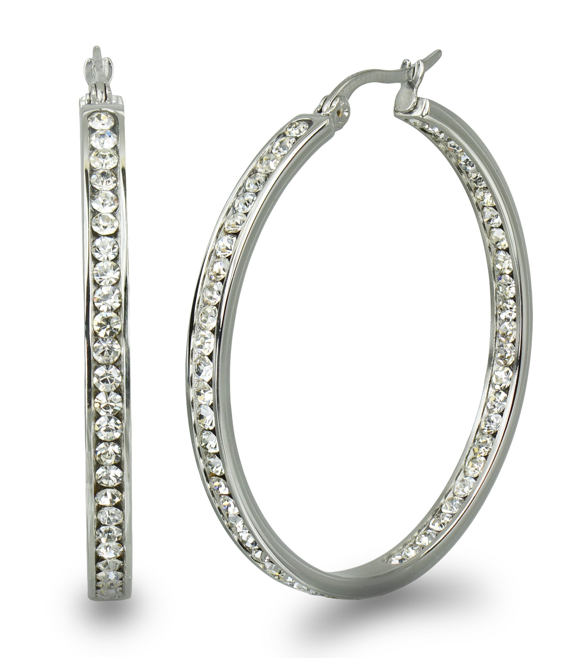 S.Michael DesignsStainless Steel 1 1/2" Crystal Inside Outside Hoop Earrings