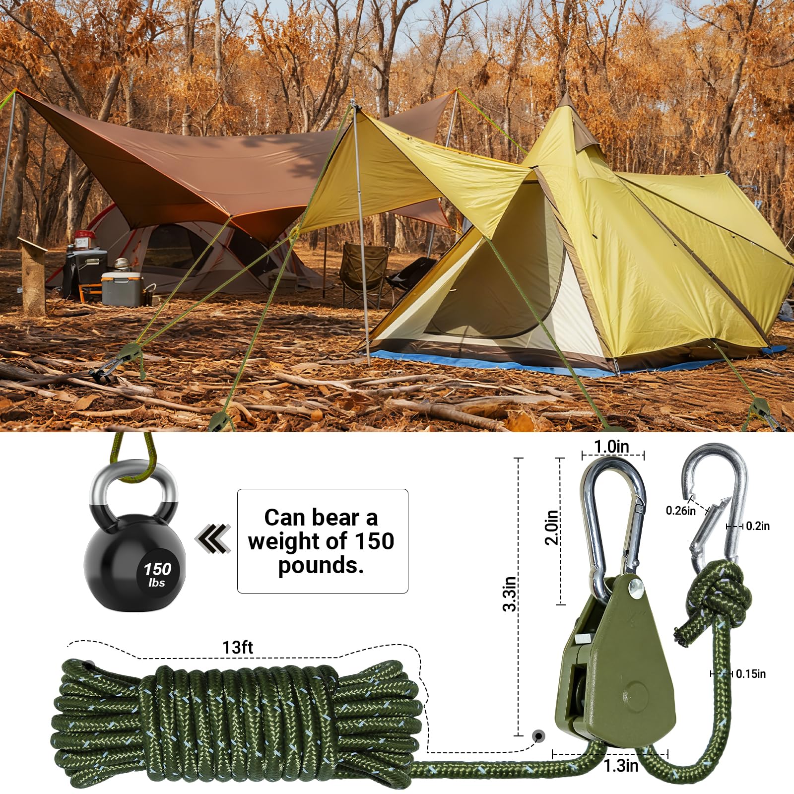 ZZ-TMS Camping-Seil, Spannseile mit Ratschensystem, 6 Stück, Armeegrün, 4 mm x 4 m, 6 Stück