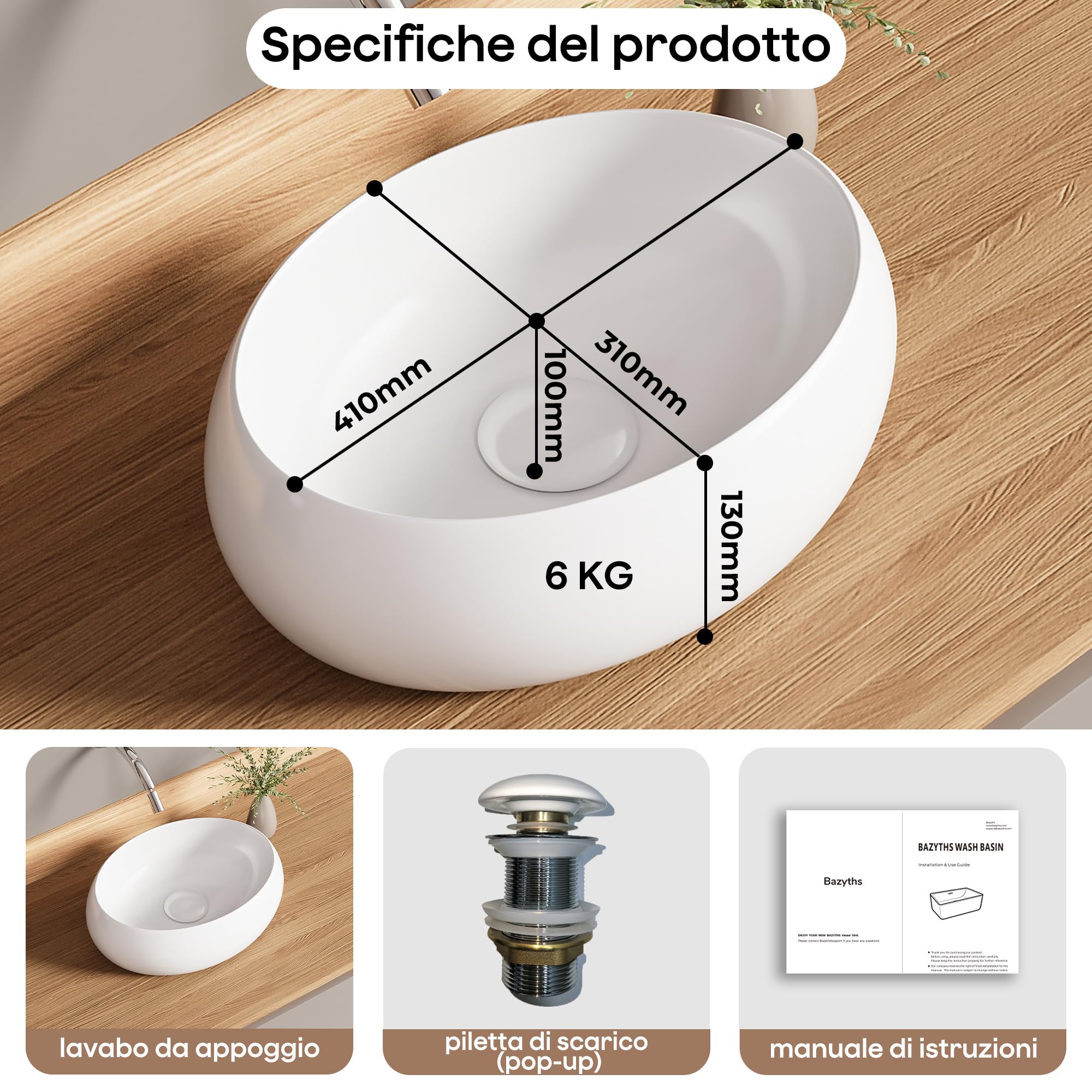 Lavabo da Appoggio Bianco in Ceramica Lavabo Moderno per Bagni Ospiti Ristorante (41x31x13 cm)
