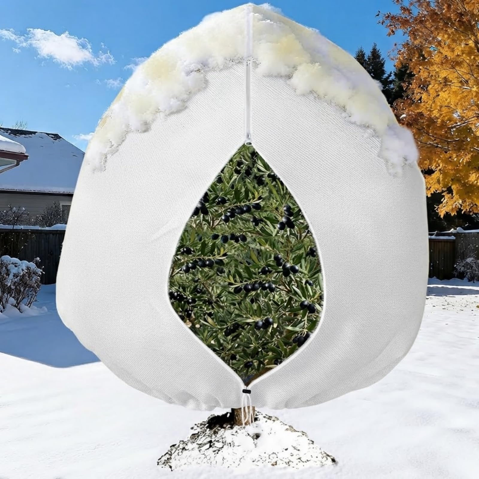 OZMI Plant Fleece Frost Protection for Outdoor Plants, 300x300cm Extra Large Fleece Plant Jacket with Zippers, Lemon Olive Tree Covers for Winter Plant Covers Shrub Fleece Horticultural Fleece Bags