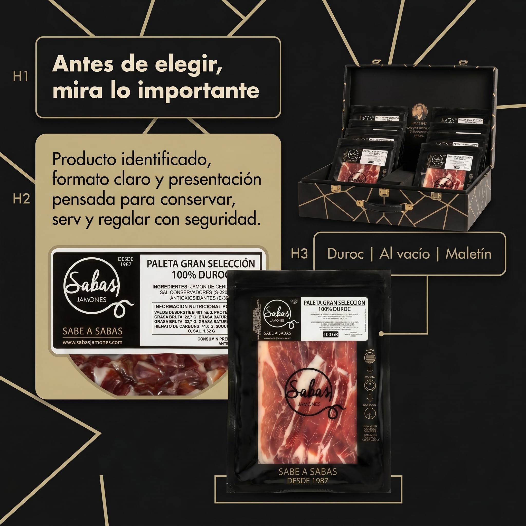 Paleta 100% Duroc Gran Seleccion Cortada a Cuchillo Maletin 16 Sobres 100g | Lote de 1,6 kilos: catorce raciones loncheadas y dos de taquitos, para regalo de empresa y Navidad; atemperar antes de servir