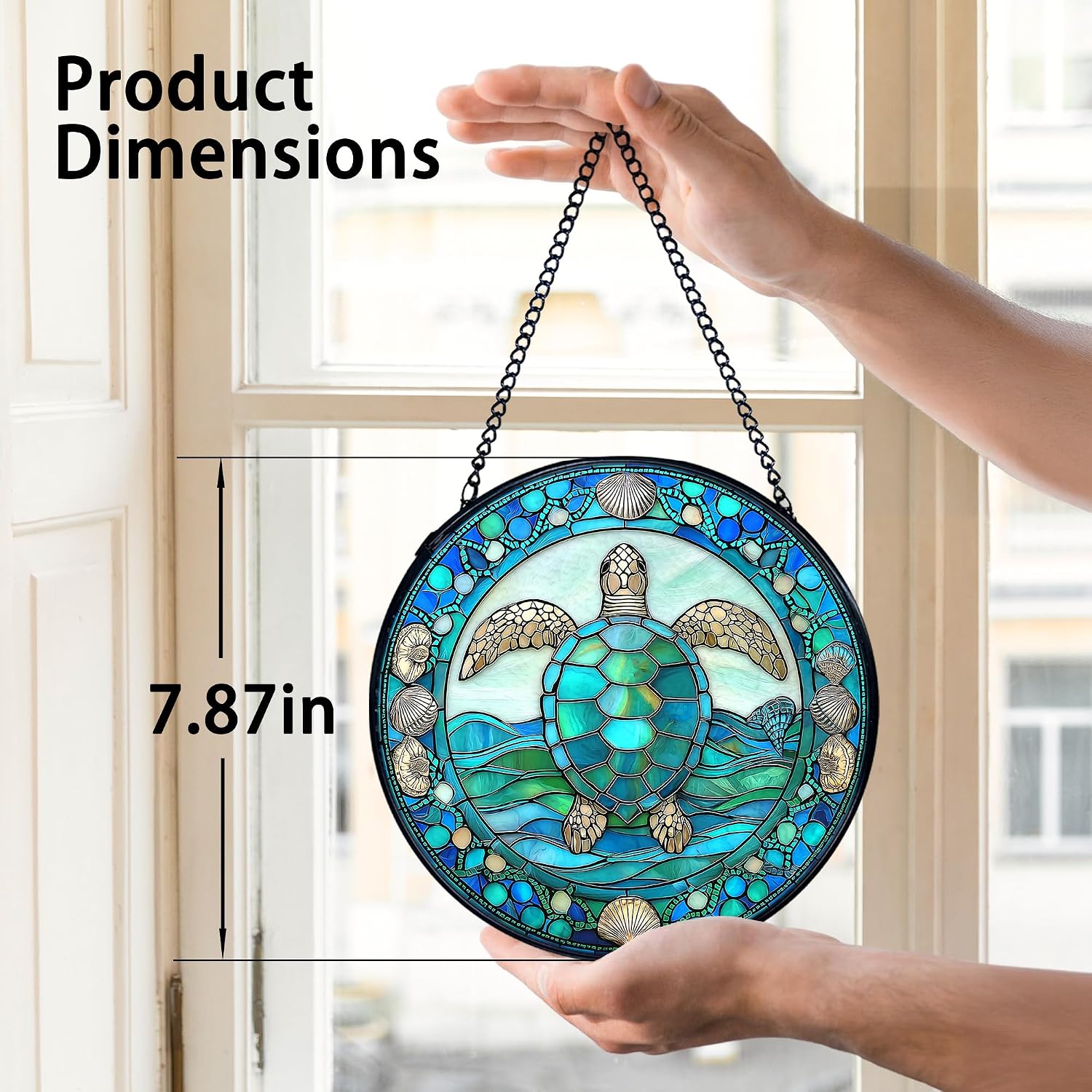 TNUW Sea Turtle Decor Stained Glass Window Hanging, Coastal Ocean Sea Turtle Sun Catchers Indoor Window Glass Round Wall Art Decor, Ocean Marine Life Beach Wall Hanging Decorations, 7.9＂x7.9＂