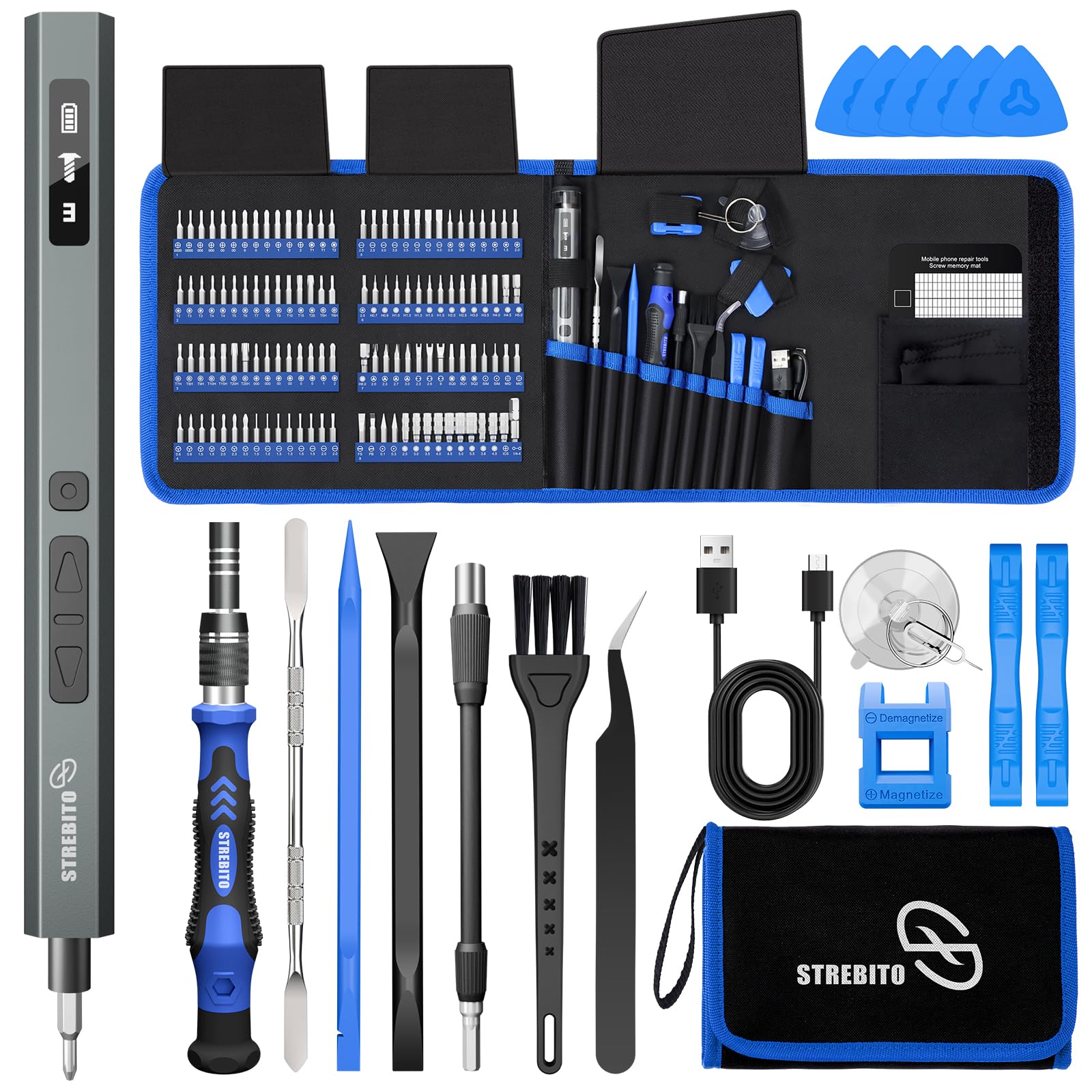 STREBITO 144-Piece Upgraded Electric Screwdriver Max 0 7 N m 120 Magnetic Bits 5-gear Torque Adjustment Precision Screwdriver