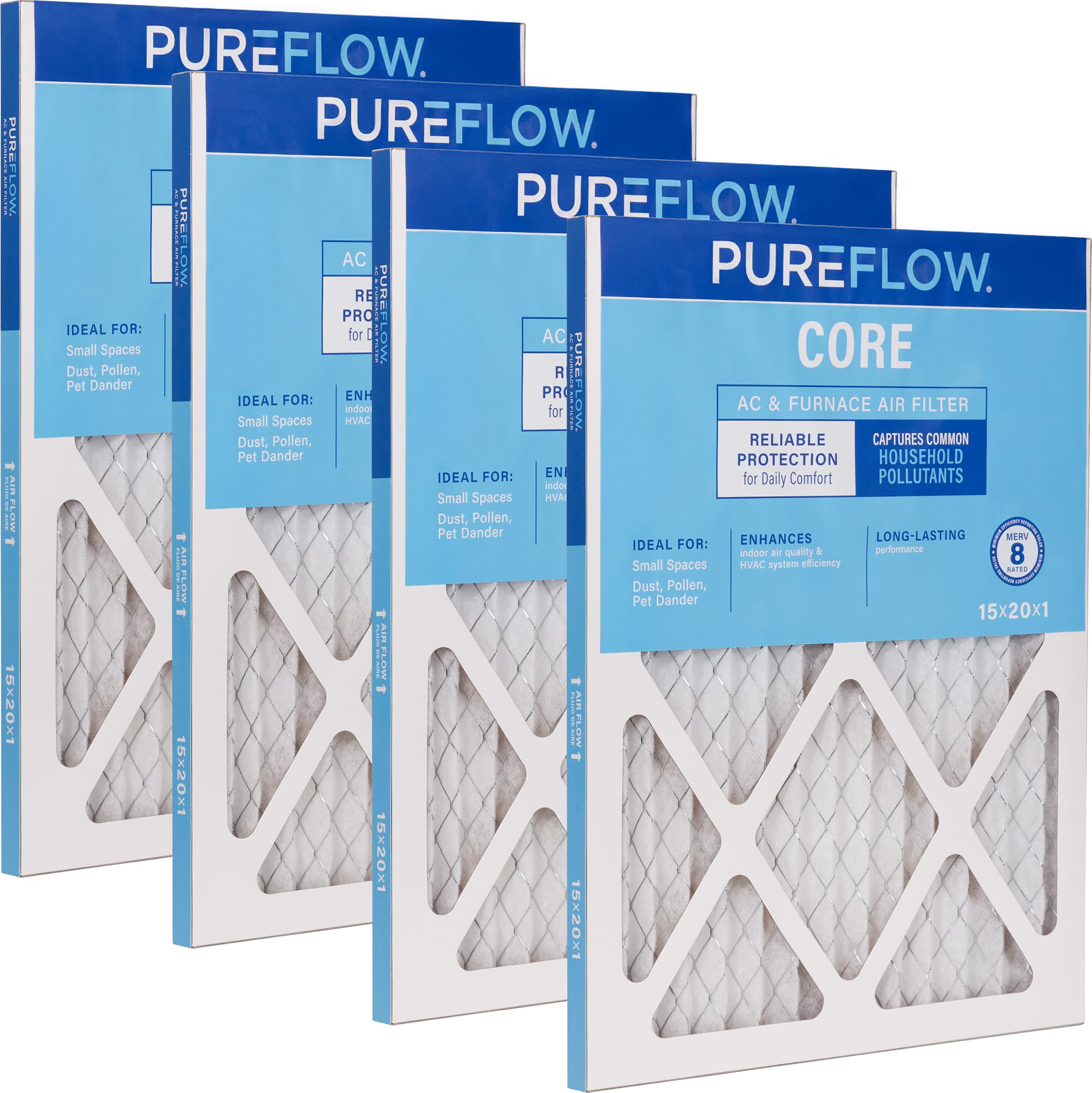 PUREFLOW Home Air Filter MERV 8, 15x20x1 Furnace Filter, 4 Layer High Efficiency Filtration for Dust, Smoke, Fumes, Pollutants (4-Pack)