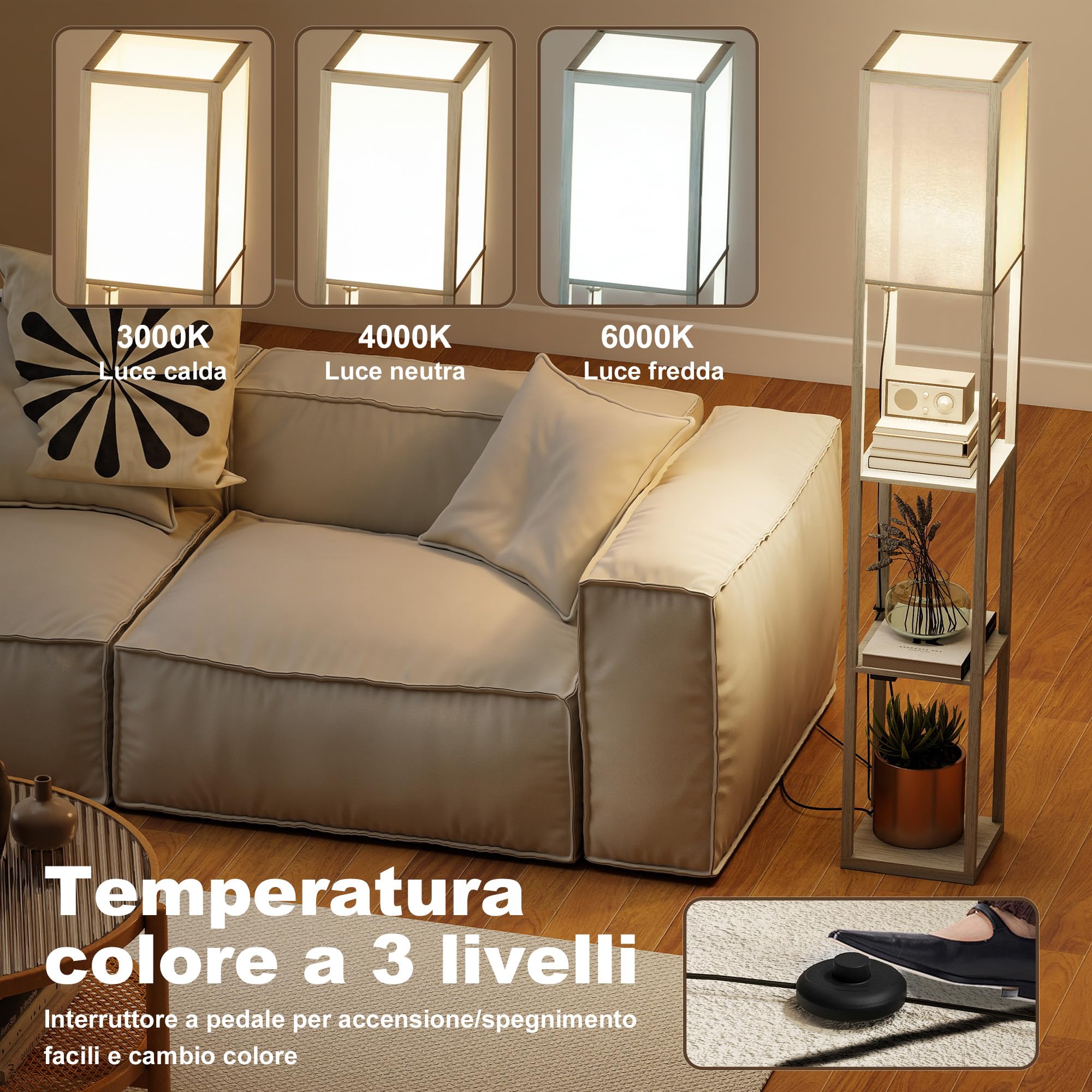 HOMCOM Lampada da Terra LED con Ripiani, Lampada Moderna con Interruttore a Pedale e Porte USB, Temperatura della Luce Regolabile per Soggiorno e Camera da Letto, Bianco e Rovere