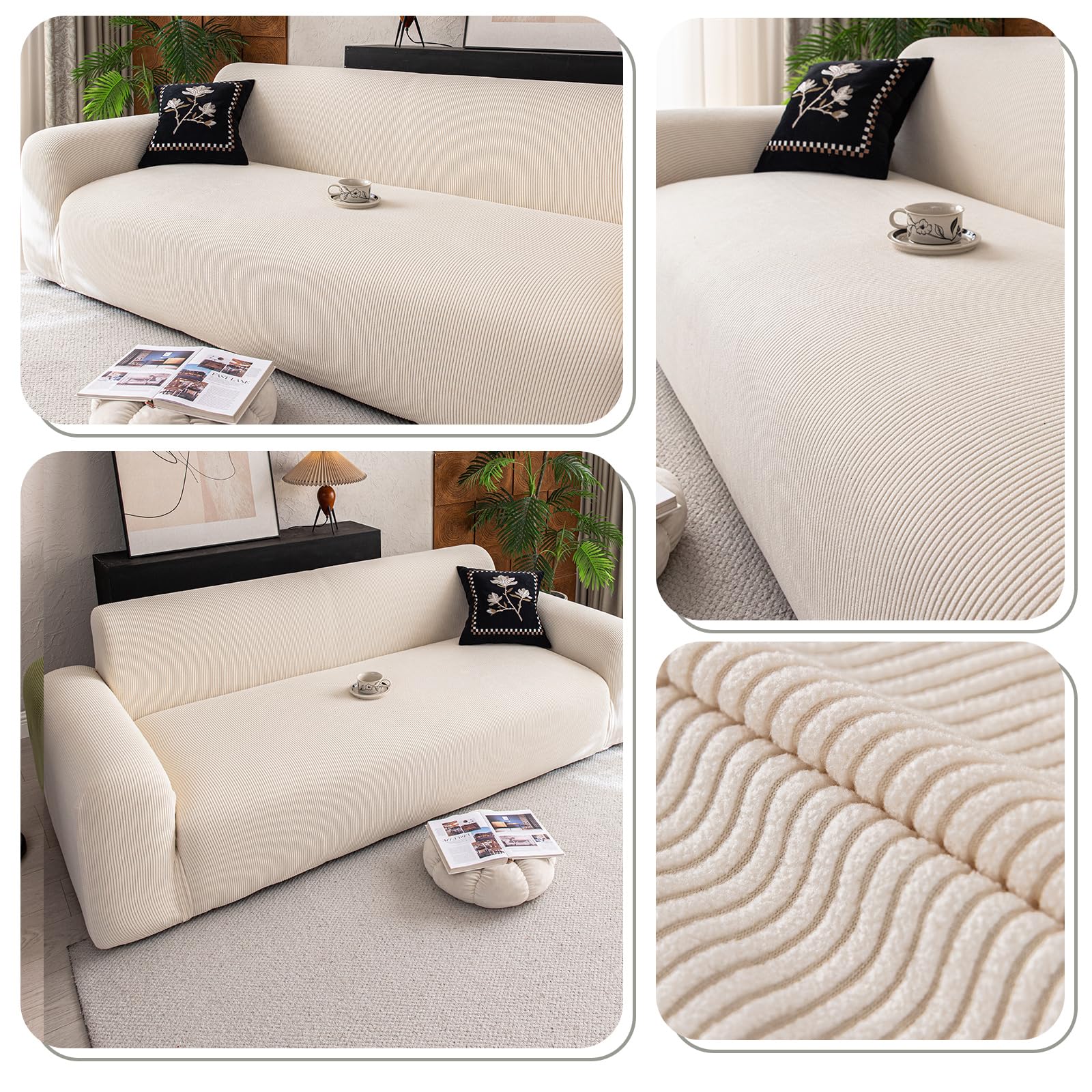 Stretch Sofabezug, Warm Fleece, Extrem Dehnbbar, Abriebfest, rutschfest, 4 Sitzer Jacquard Sofa Überzug Schutz Für Wohnzimmer, Hunde und Haustiere (4 Sitzer, Beige)