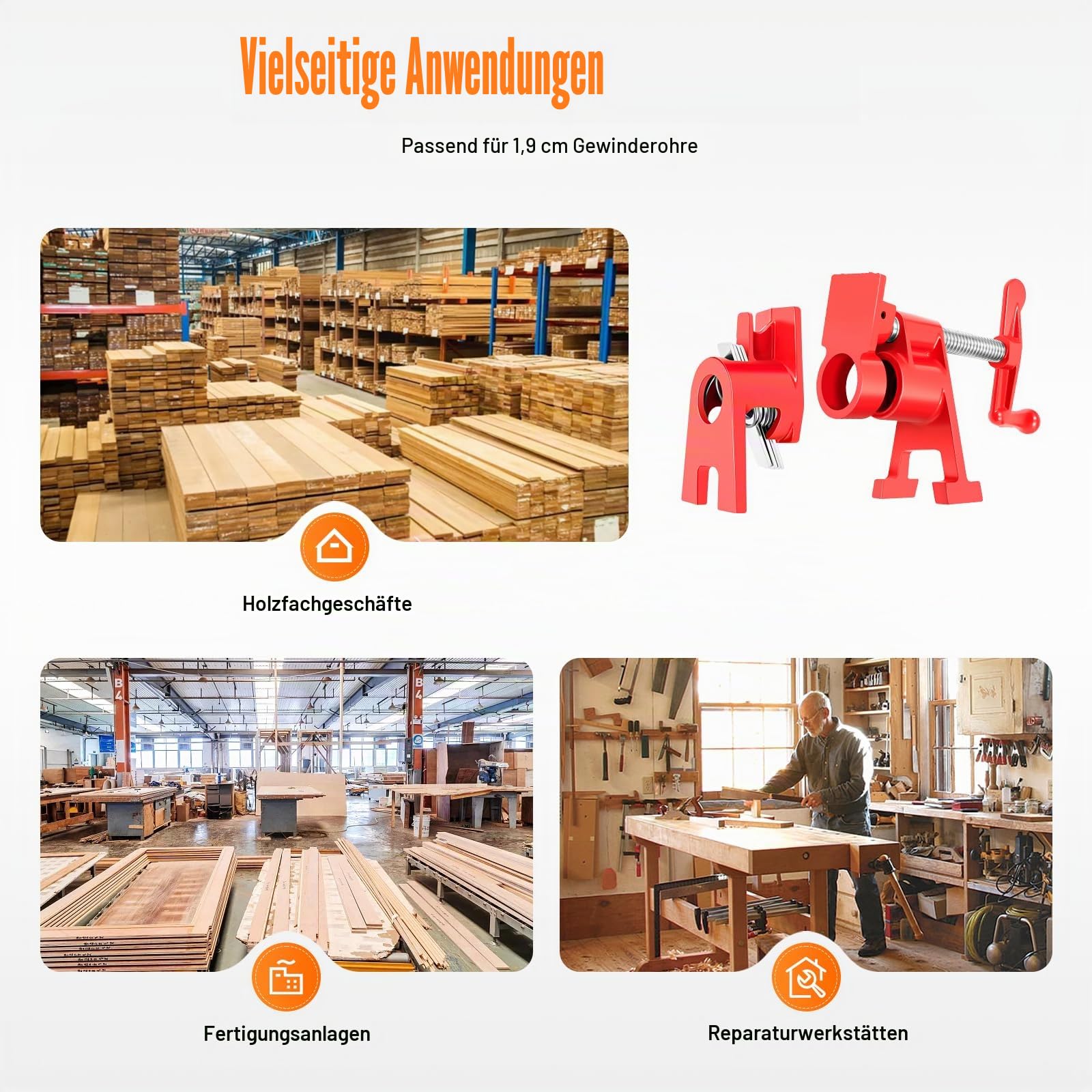 4 Pcs Rohr-Schraubzwinge, 3/4 Zoll Metallklammer Rohrklemmen Rohrzwingen Holzklammer Korpuszwinge DIY Handwerkzeug Kit für Holzbearbeitung, Schlauch, Rohr, Kabel