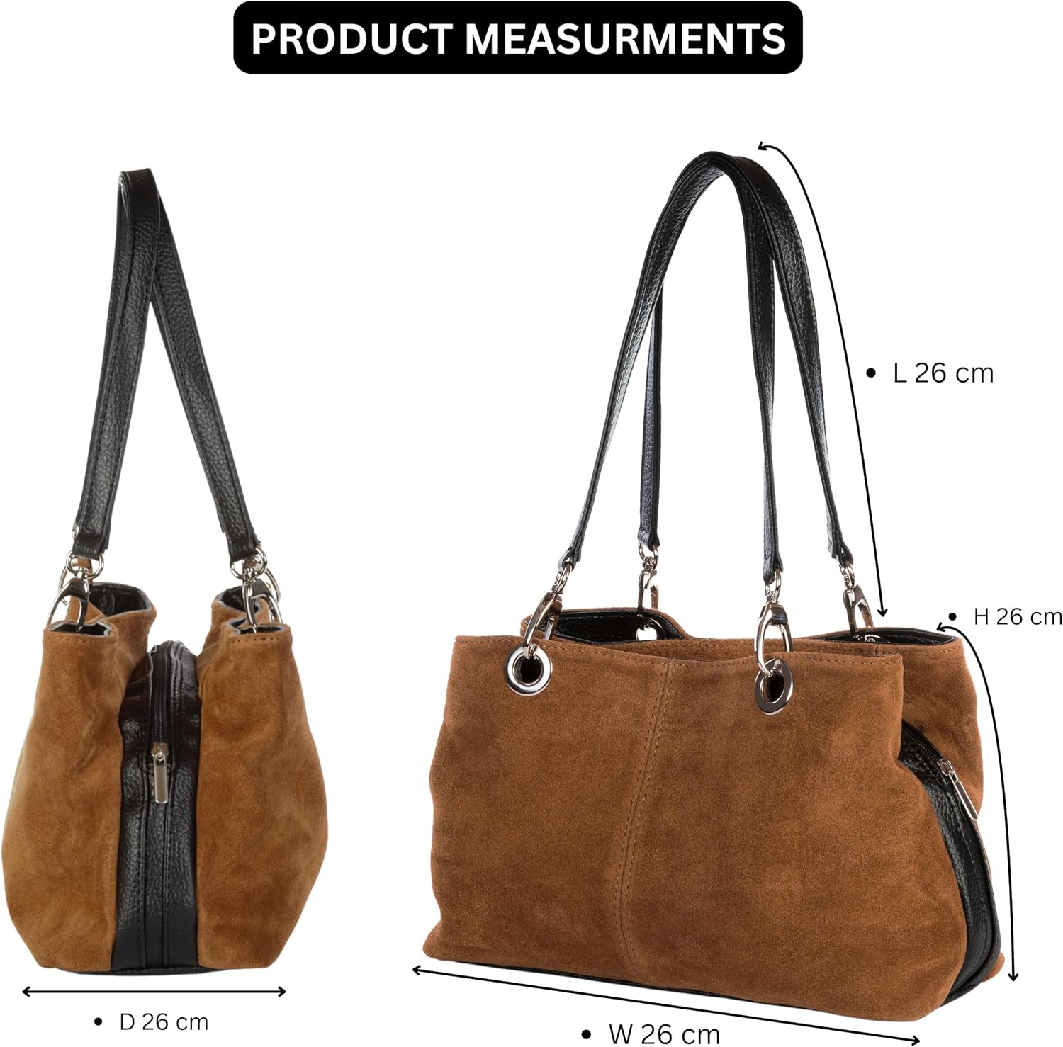 LiaTalia - Lush Italian Suede Womens Twin Handle Multi Zip Pockets Small Shoulder Bag - Holly (Medium Grey)