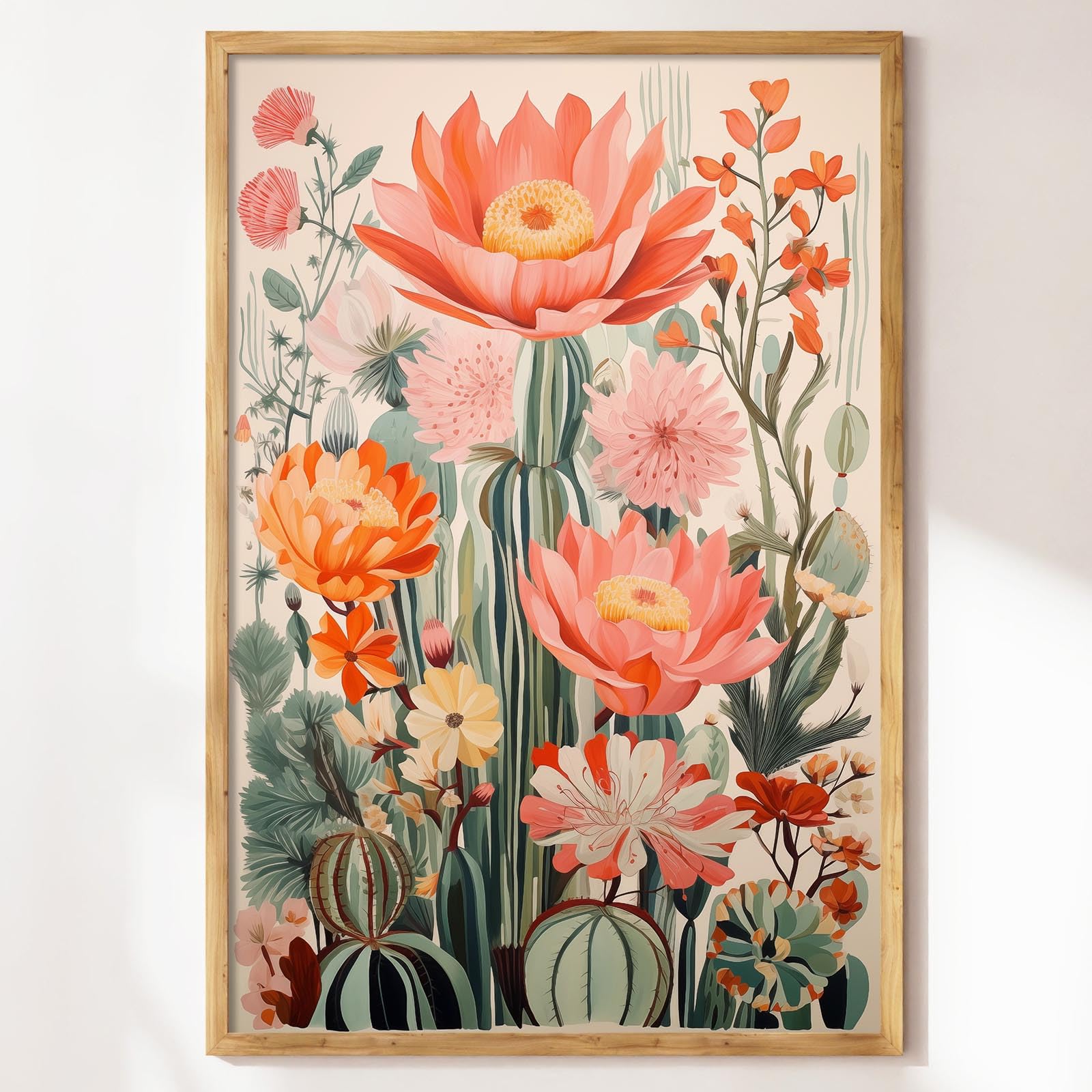 Western Desert Wall Art Cactus Flower Poster Abstract Cactus Canvas Wall Art Botanical Floral Prints Mexican Desert Art Pink and Orange Flower Picture