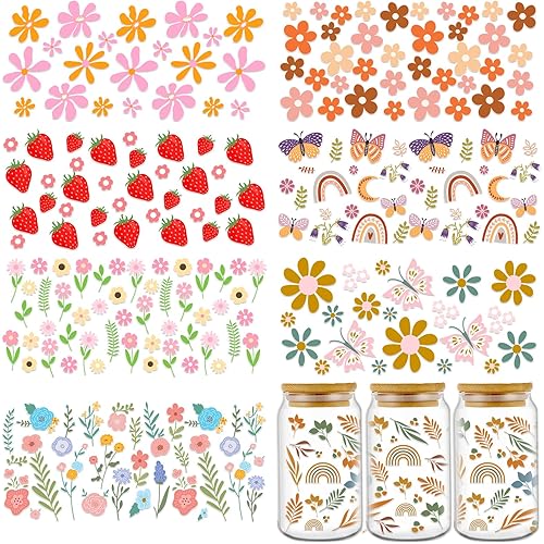 Rngmsi UV DTF Cup Wrap - 8 Sheets Flower UV DTF Cup Wraps for 16 oz Daisy Strawberry Butterfly Uvdtf Stickers Waterproof Boho Floral Rub on Transfers for Glass Cups Wood Crafts