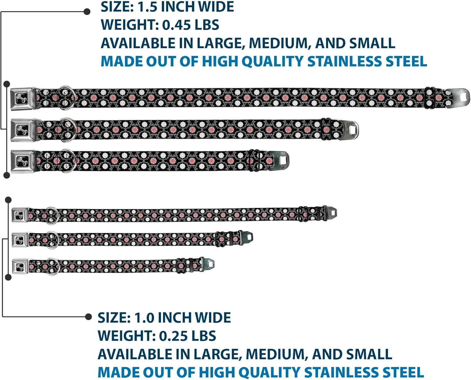 Dog Collar Seatbelt Buckle Tapestry 1 Black 18 to 32 Inches 1.5 Inch Wide