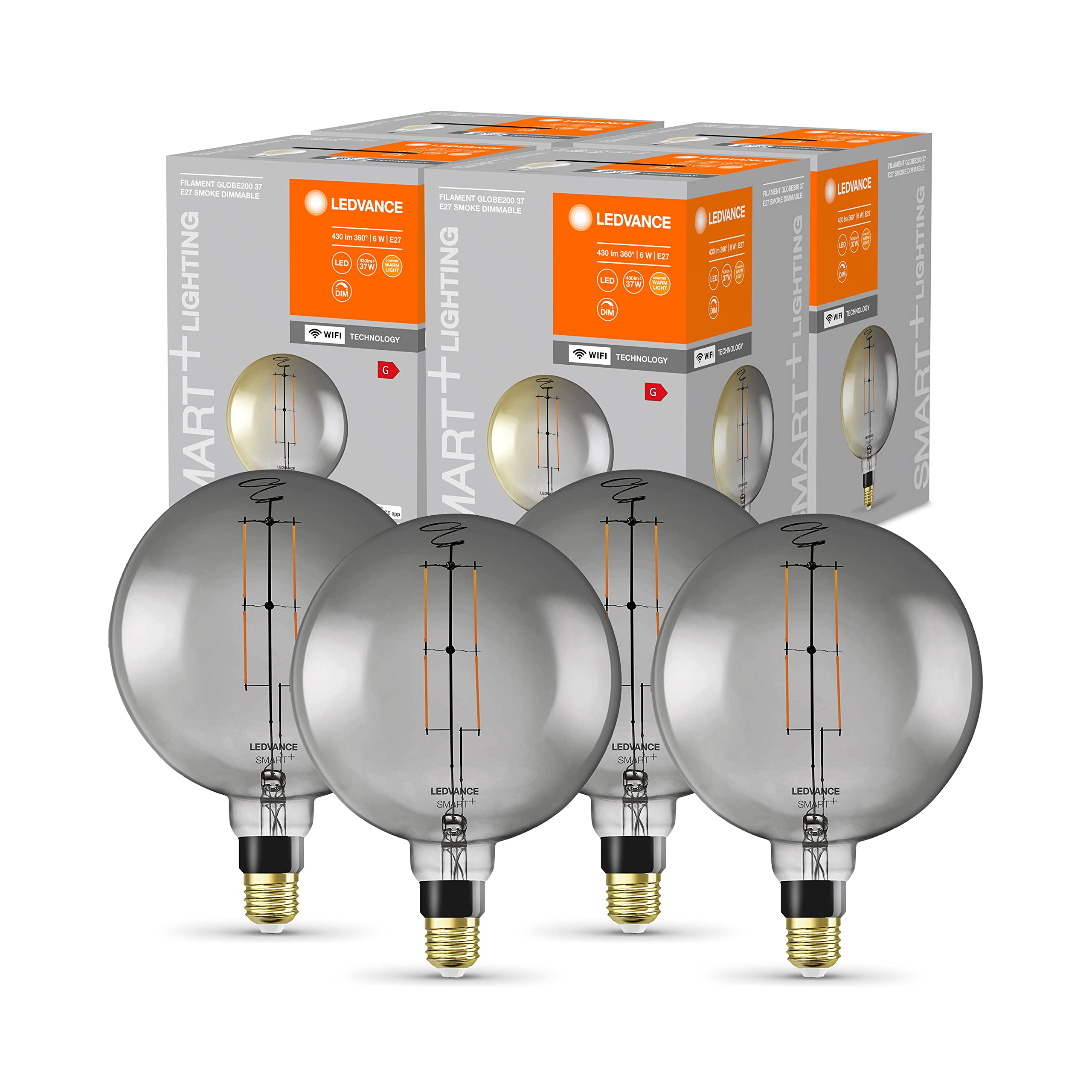 LEDVANCE Bombilla LED inteligente con tecnología Wifi, casquillo E27, regulable, blanco cálido (2500K), forma de globo grande, filamento transparente en cristal ahumado, paquete de 4