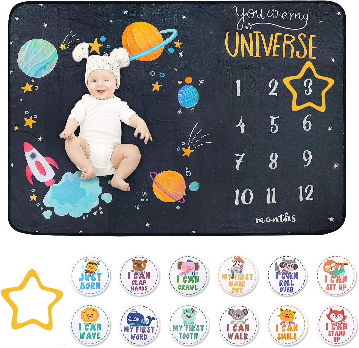 Baby Milestone Blanket for Boy & Girl - 60"x40" Large Monthly Baby Milestone Blanket with 12 Animal Stickers | Space Theme Personalized Growth Tracker | Soft Flannel, Machine Washable
