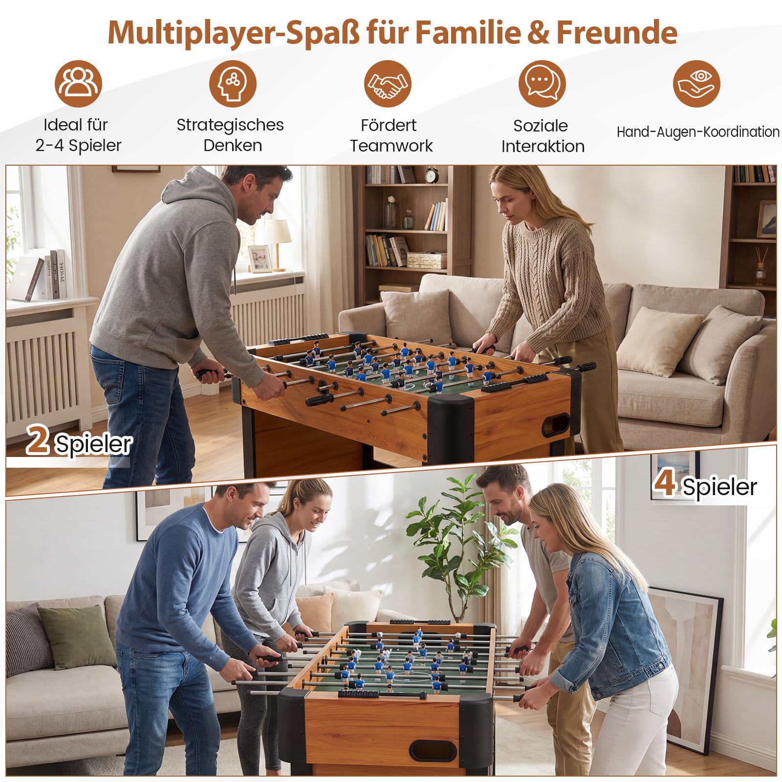 COSTWAY Tischkicker Kinder, Kickertisch mit 22 Spielern & 2 Bällen, Profi Tischfussball Komplett Set aus Holz, Fußballtisch für Kinder & Erwachsene, 119 x 108 x 79 cm
