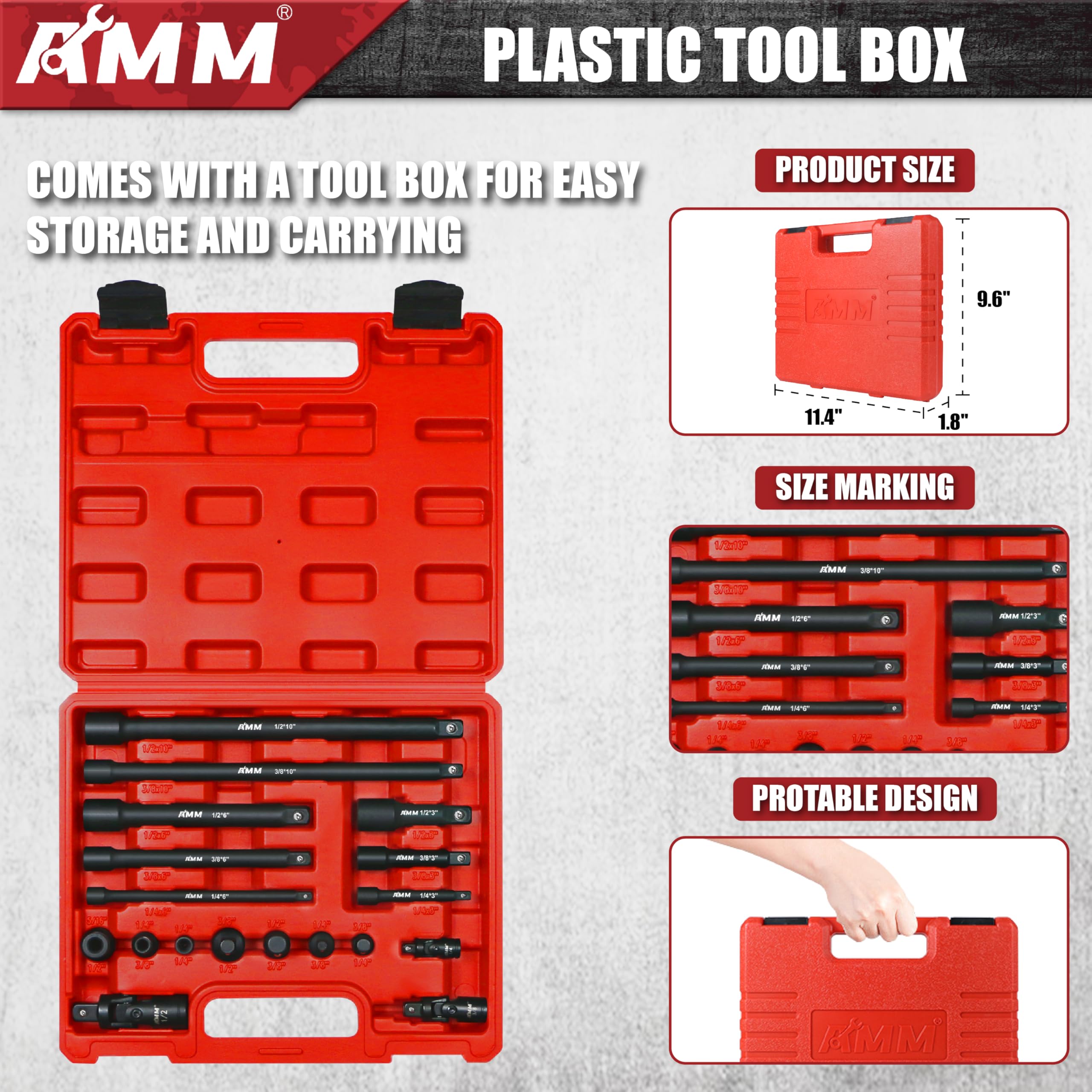 3/8 Extension AMM Impact Socket Extension Set - 18 Piece 1/4, 3/8, 1/2 ...