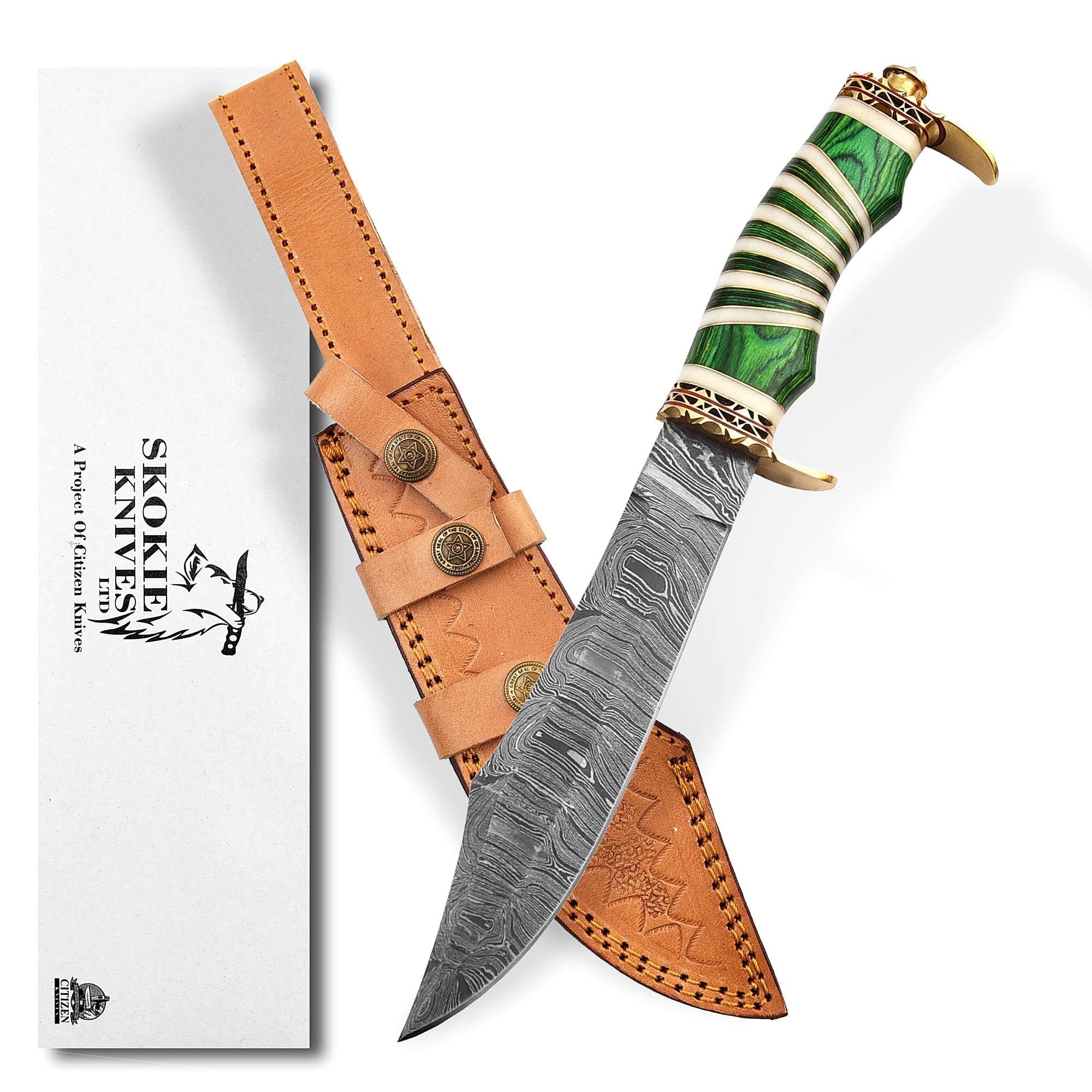 Custom Hand Made Damascus Steel Hunting Knife Handle Camel Bone (Green)